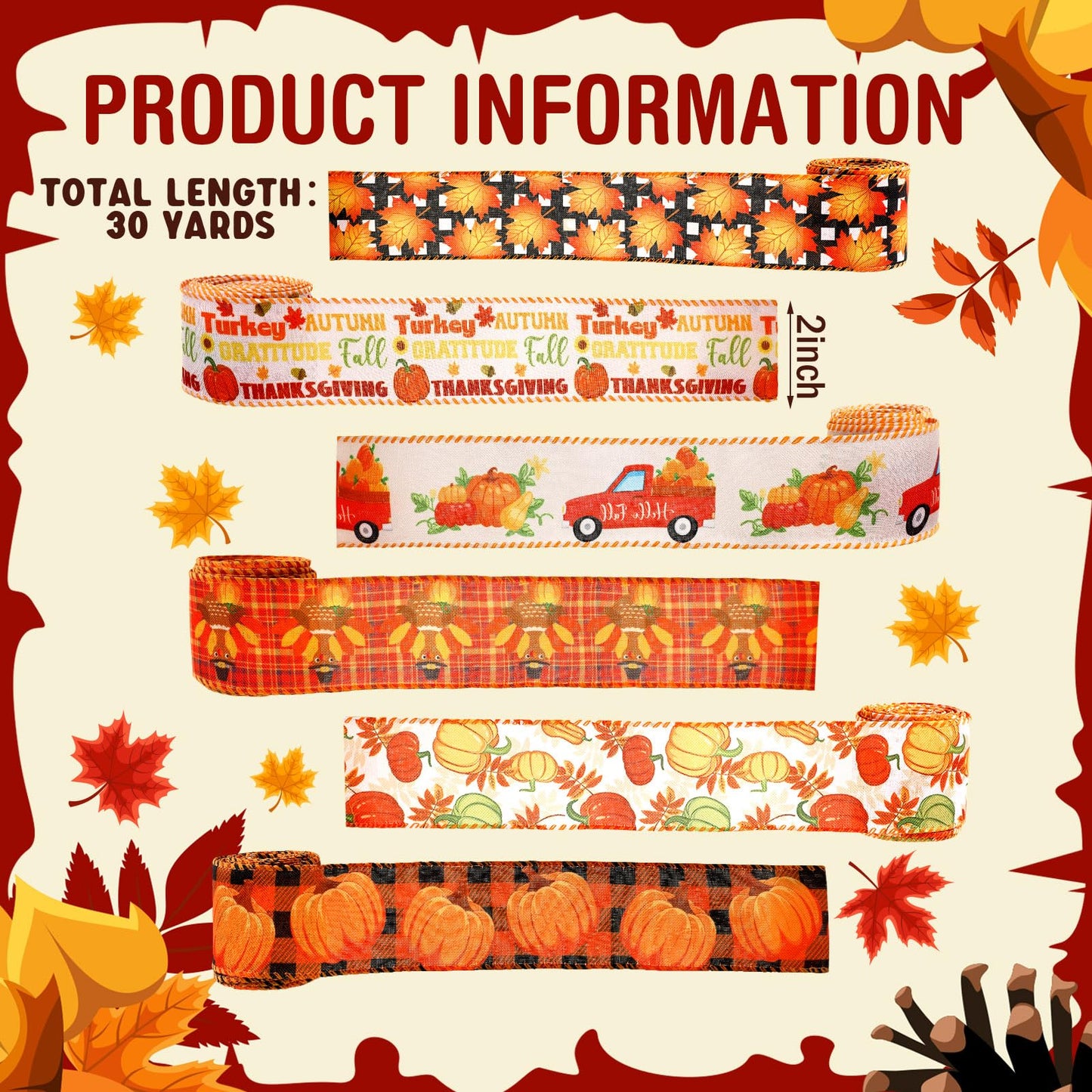 Yuxung 6 Rolls 30 Yards Fall Burlap Wired Wrapping Ribbon Buffalo Plaid Pumpkin Truck Turkey Maple Harvest Fall Ribbon Thanksgiving Wreath Decoration for Autumn Craft Bow Gifts Making