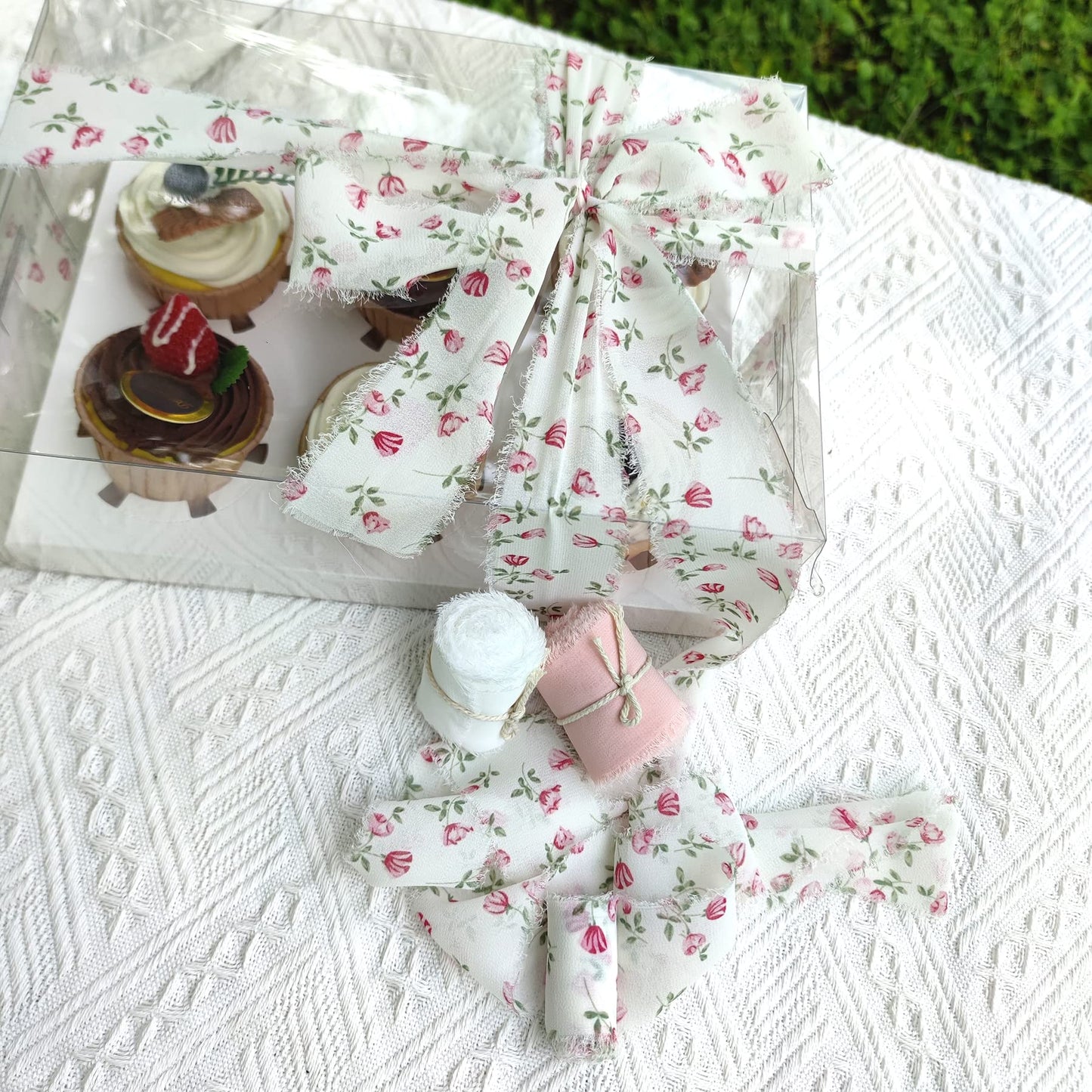 Mybbshower Floral Chiffon Fringe Ribbon 1.5" x 15Yd (3 Rolls *5Yd) for Wedding Invitations, Bridal Bouquets, DIY Tassel Garland Decorations, Gifts Wrapping & Bow Making (Pink White)