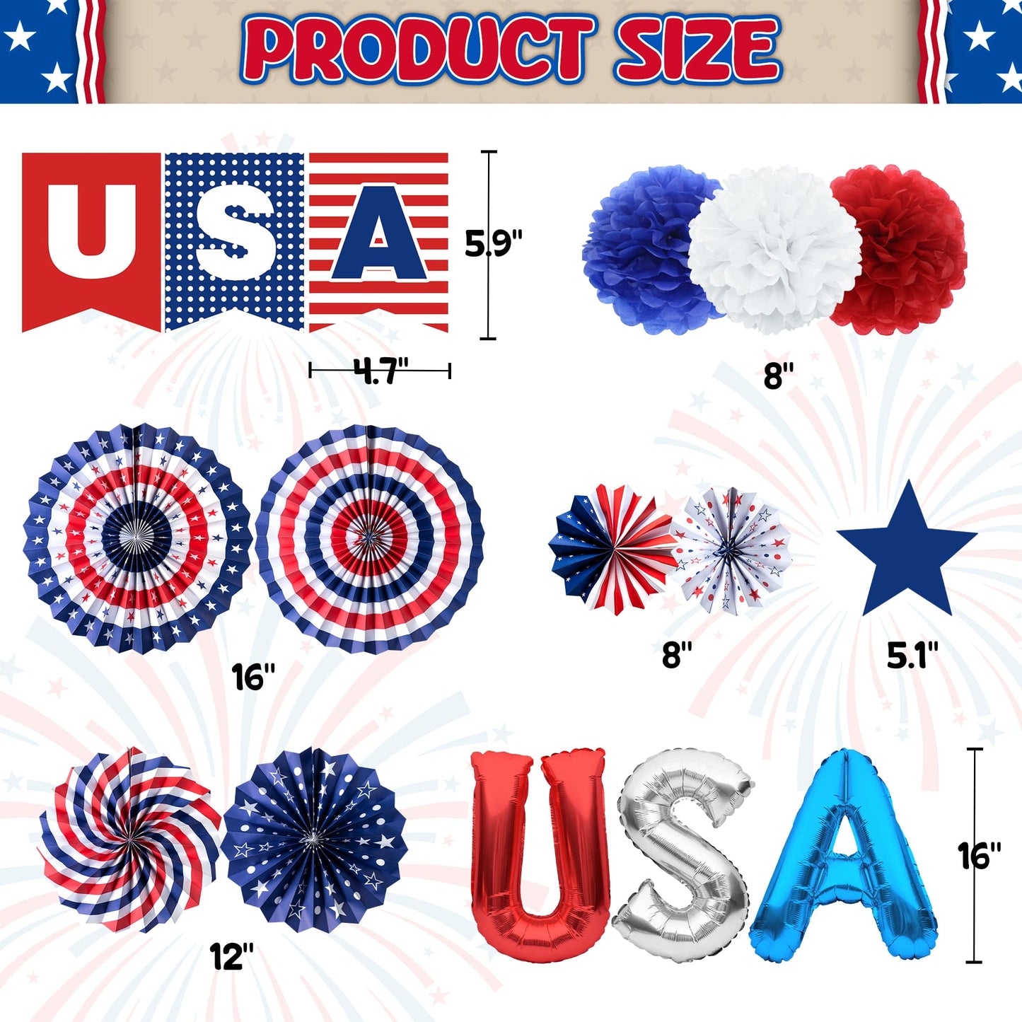 DMIGHT 4th of July Decorations, 33PCS Patriotic Memorial Day Decorations Set with Banner, USA Balloons, Paper Fans, Star Streamer, Hanging Swirls, Paper Pom Poms for Fourth of July Red White and Blue
