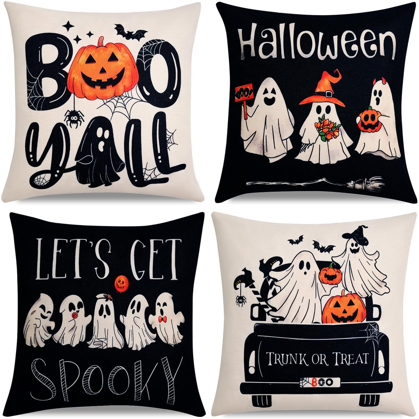 Hongsome Ghost Halloween Decor-Throw Pillow Covers 18x18in Set of 4,Spooky Gothic Linen Pillow Case for Couch Fall Christmas Holiday Outdoor Burnt Orange Black White Decorations