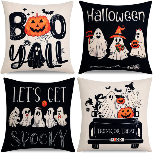 Hongsome Ghost Halloween Decor-Throw Pillow Covers 18x18in Set of 4,Spooky Gothic Linen Pillow Case for Couch Fall Christmas Holiday Outdoor Burnt Orange Black White Decorations