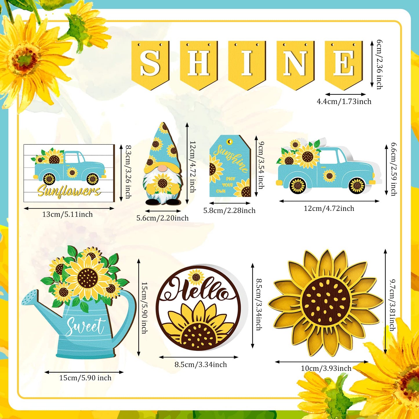 12 Pcs Sunflower Tiered Tray Decor Wooden Summer Tiered Tray Items Truck Gnomes Trays Signs Spring Summer Fall Tabletop Signs for Home Farmhouse Rustic Kitchen Decorations (Sunflower)