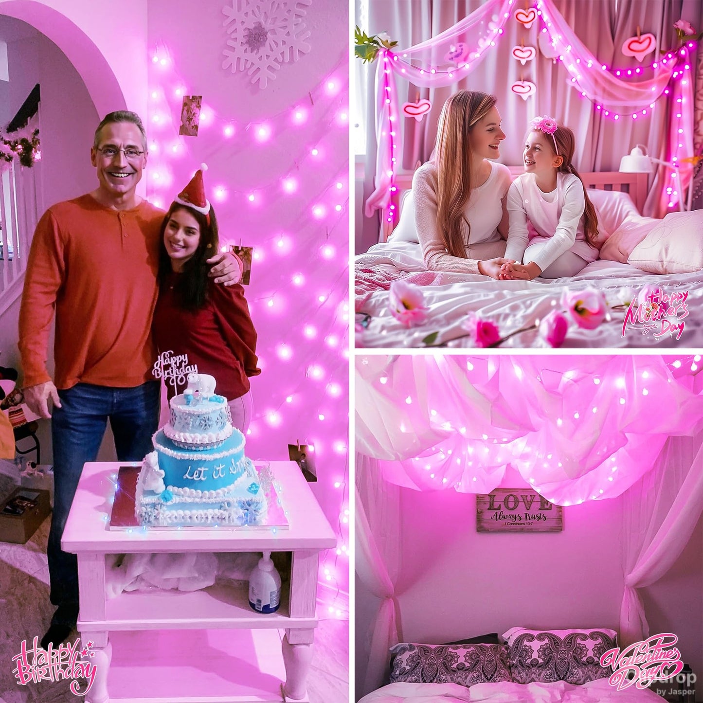 100 LED Pink Valentine Lights Indoor,33 ft Connectable Globe String Lights Plug in, 8 Mode Fairy String Light with Remote for Bedroom Girl Room Anniversary Party Valentines Day Decorations