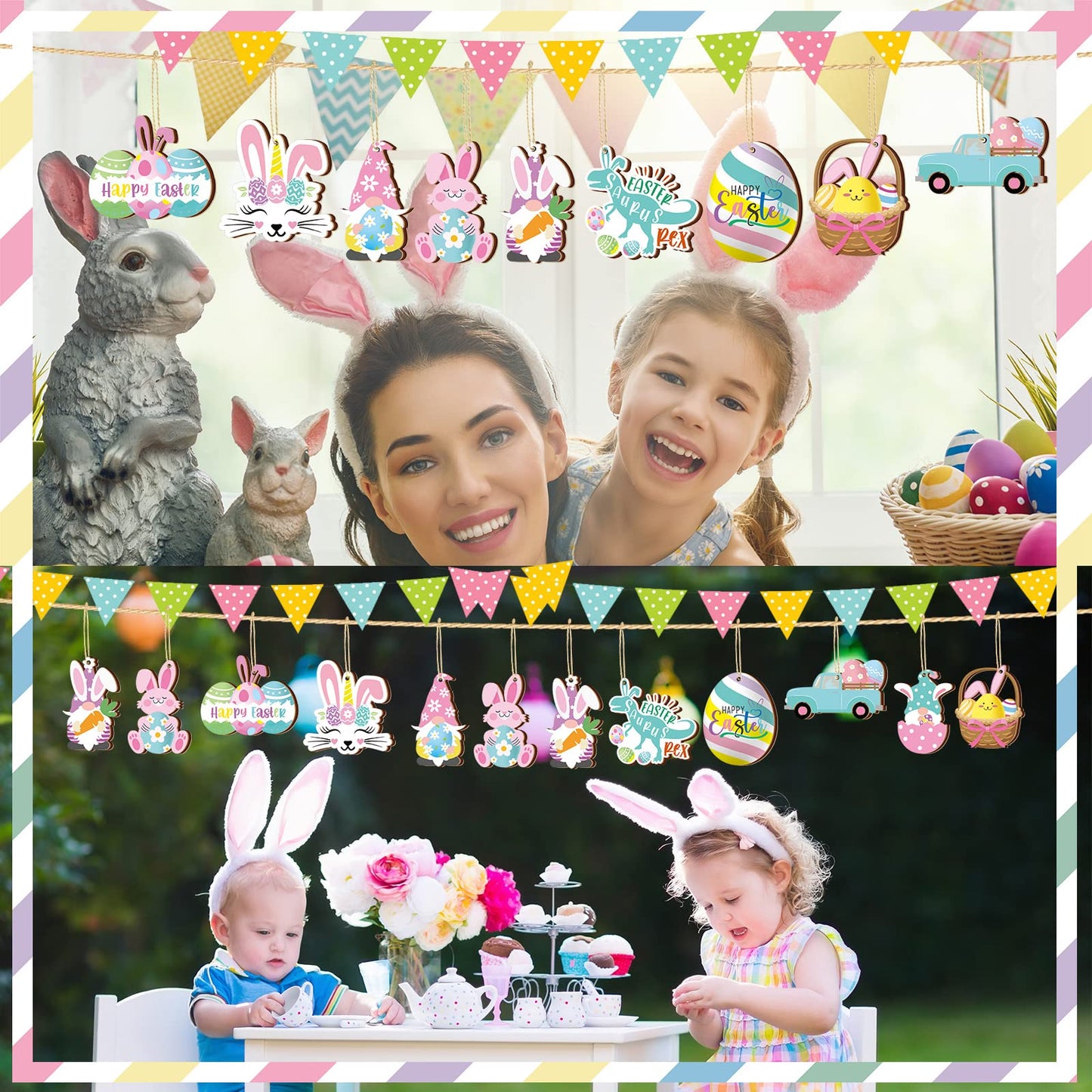 Chunful 30 Pcs Happy Easter Wooden Ornaments with Ropes Spring Egg Gnome Bunny Carrot Basket Holiday Easter Decorations Wood Bunny Ornament Embellishments Decorative Hanging Ornaments for Party