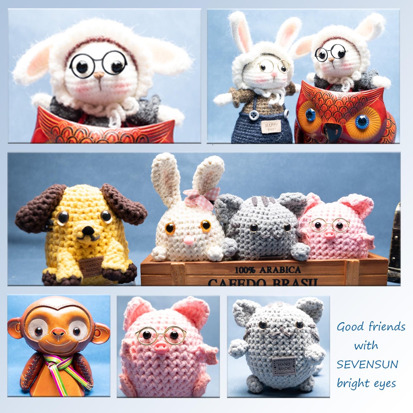 Safety Eyes for Amigurumi 264 PCS, Crochet Glasses Noses and Buttons, Various Designed Crochet Accessories, Stuffed Crochet Eyes with Washers, Craft Doll Eyes and Nose