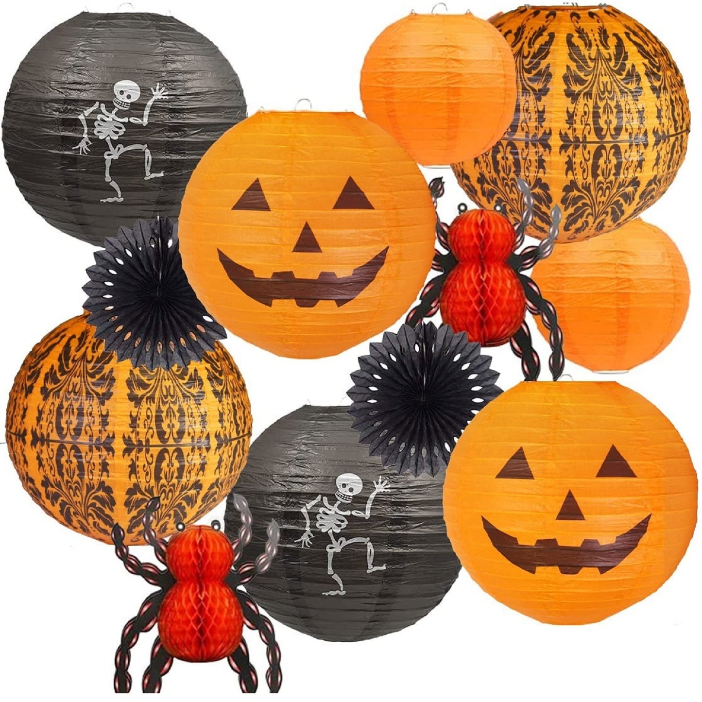 UNIQOOO 12Pcs Halloween Hanging Decorations Paper Lanterns, Jack-O'-Lantern Spider Skeleton Pumpkin for Indoor & Outdoor Spooky Home Decor, Party Supplies Props, 12" & 8" (Orange, Black)