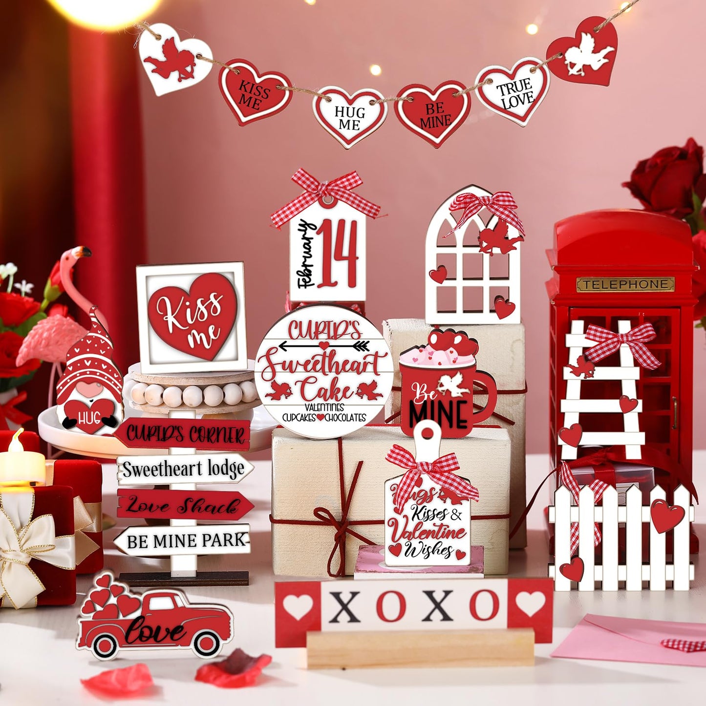24 Pcs Valentine's Day Tiered Tray Decorations Farmhouse Gnome Heart Wooden (Tray not included)