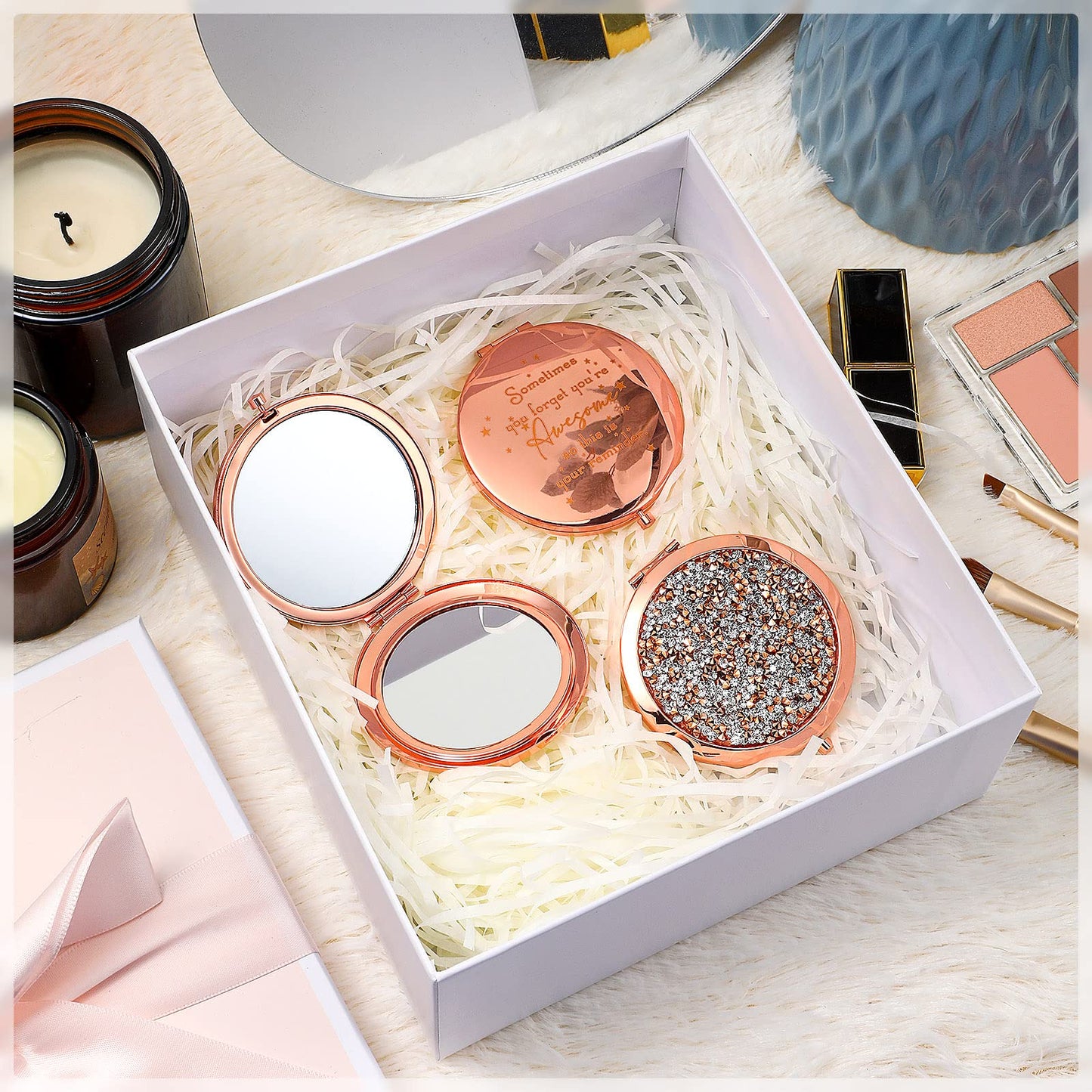 Roowest 10 Pcs Inspirational Compact Mirror Bulk You're Awesome Reminder Appreciation Gifts for Women Employee Coworker Friends Sisterhood Mothers Day Party Favors Pocket Mirrors (Rose Gold)