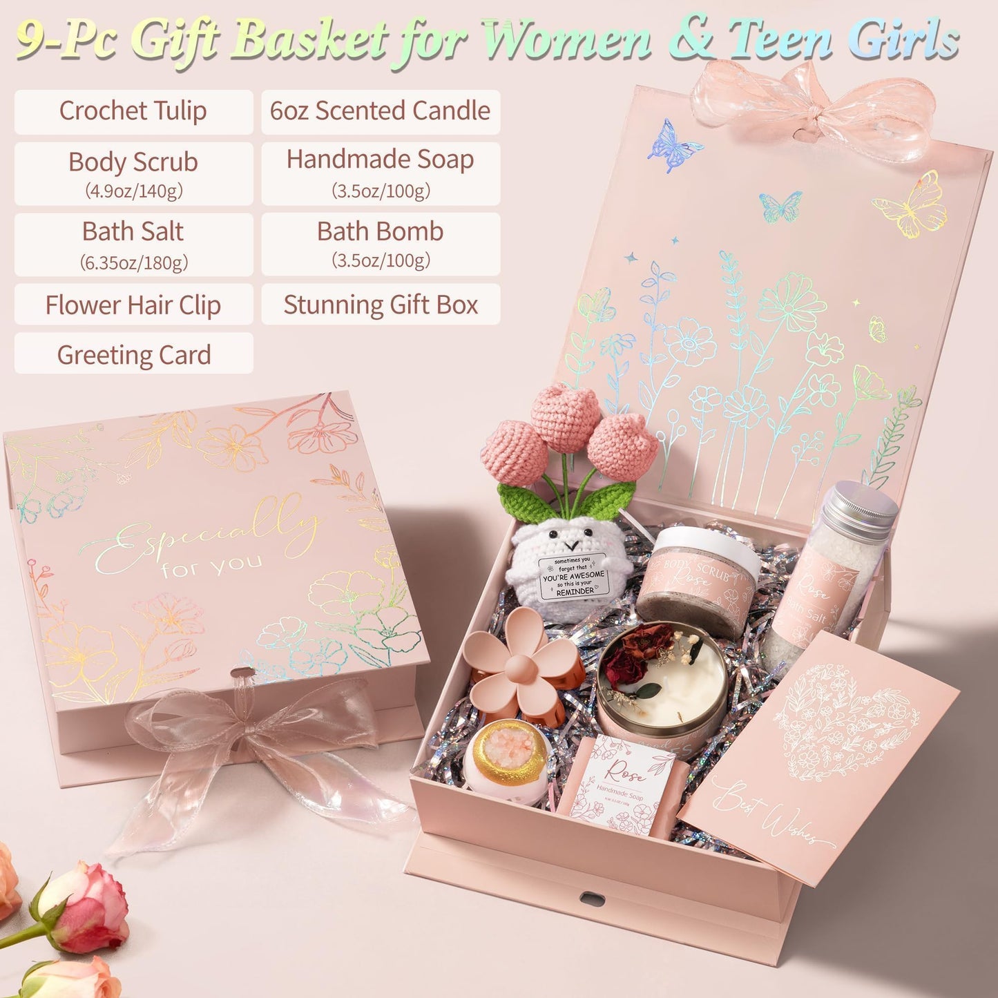 Spa Gifts for Women Bath Gift Set, Rose Relaxing Spa Gift Baskets Home Bath Set Self Care Kit Care Package Thank You Birthday Mothers Day Easter Gifts for Women Her Mom Sister Friends Teen Girls Wife