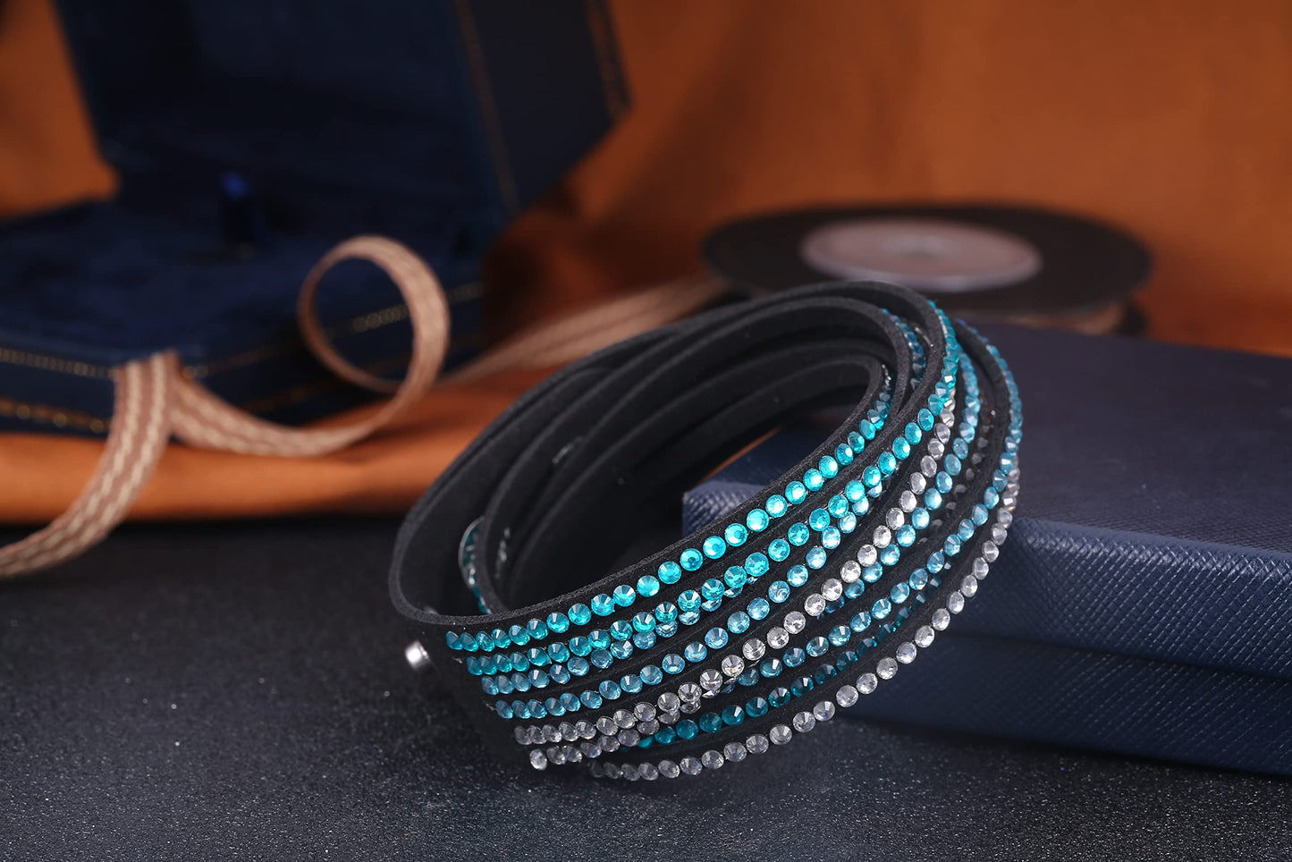 Barzel Leather Created Austrian Crystals Wrap Bracelets (Black with Blue & White Stones)