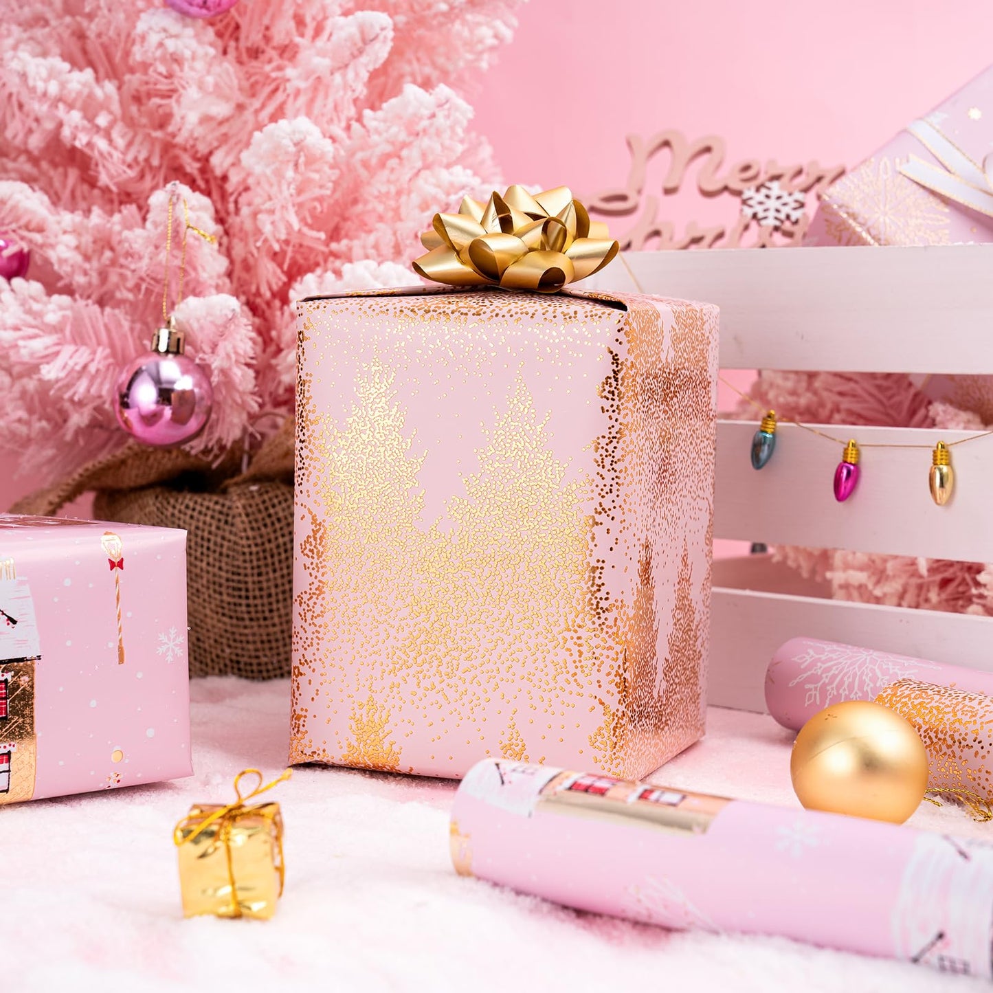 Christmas Wrapping Paper Roll - Mini Roll - 3 Rolls - 17 Inch X 120 Inch Per Roll - Pink and Gold House, Christmas tree, Snowflake Holiday Collection with Metallic Foil Shine