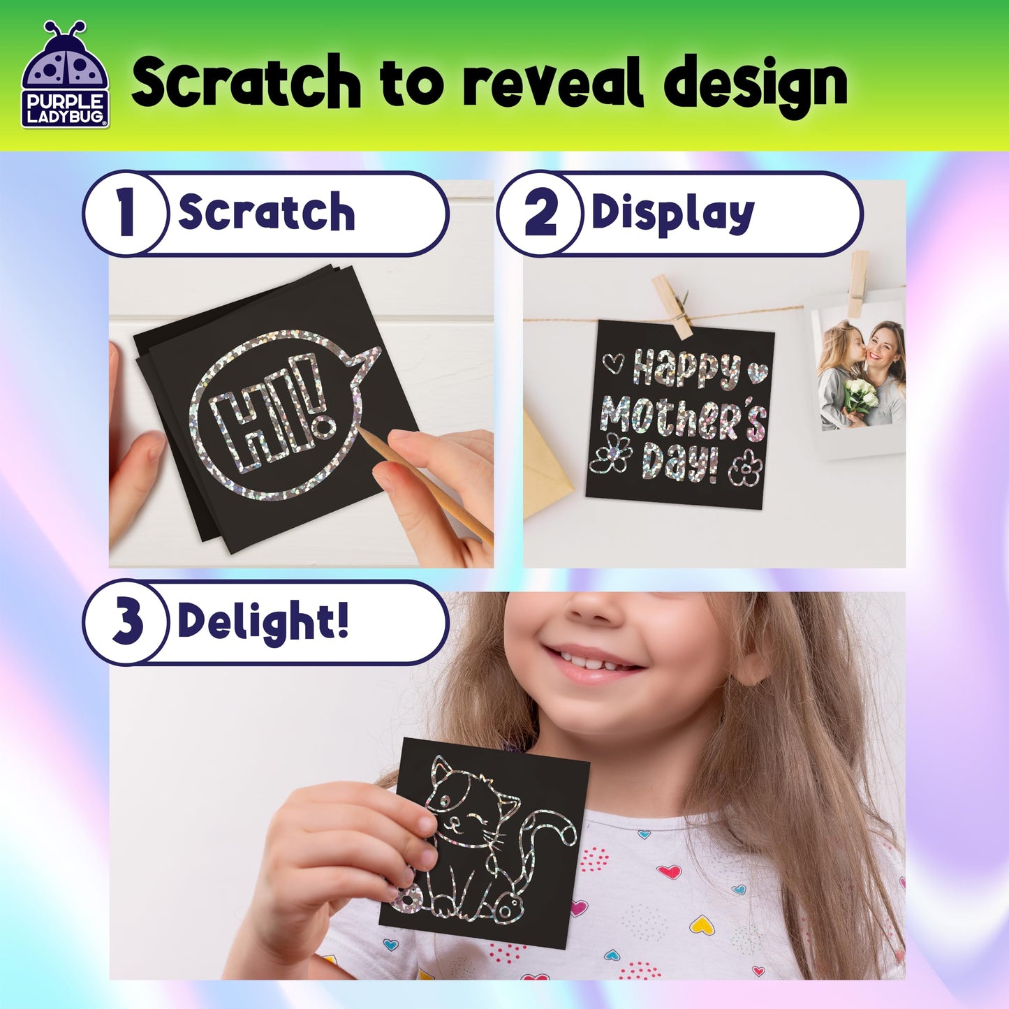 PURPLE LADYBUG Silver Holographic Scratch Art Mini Notes - Scratch Art for Kids, Summer Activities, Camping Games for Ages 4-8