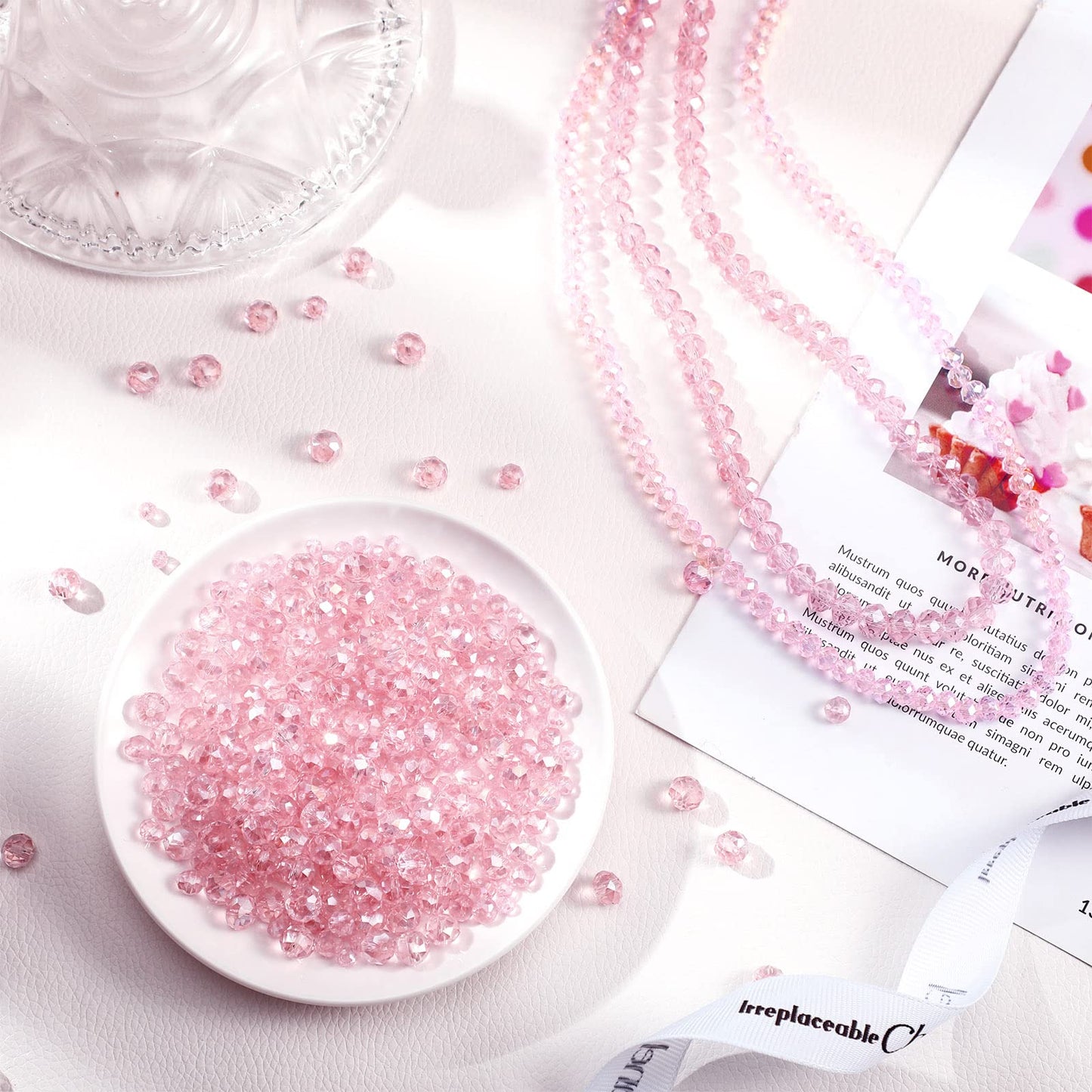 600 Pcs Crystal Glass Beads for Jewelry Making Bulk Faceted Gemstone Rondelle Loose Beads for Bracelet DIY Crafts 8 mm, 6 mm, 4 mm(Pink AB Color)