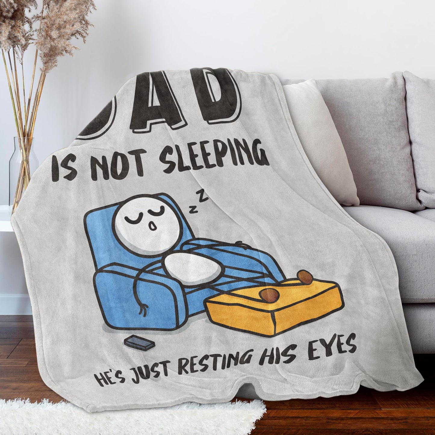 GoMelley Funny Fathers Day Birthday Gift for Dad Husband, Dad is Not Sleeping Blanket, Dads Gifts from Daughter Son, Super Soft Throws Blanket for Couch and Napping, 60" x 50" (Gray)