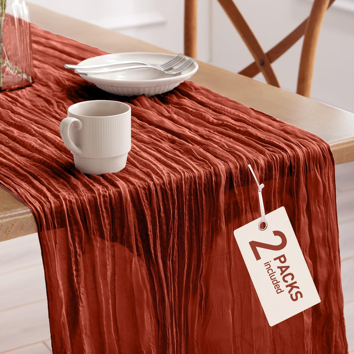 2-Pack Fall Thanksgiving Table Runner, 120'' Boho Table Cloth Decorations for Party, Baby Shower, Wedding and Farmhouse, Fabric Room Decor, Rust, Terracotta