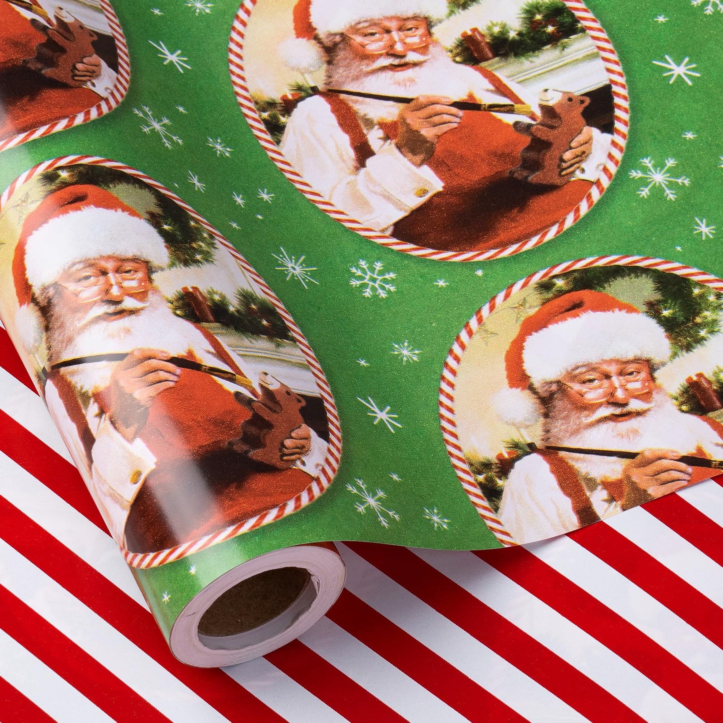 Christmas Reversible Wrapping Paper Roll, Mini Roll, Vintage Red Green Santa Claus Design and Red White Candy Cane Stripe Pattern Gift Wrap Paper for Holiday Gifts, 17 Inches x 32.8 Feet