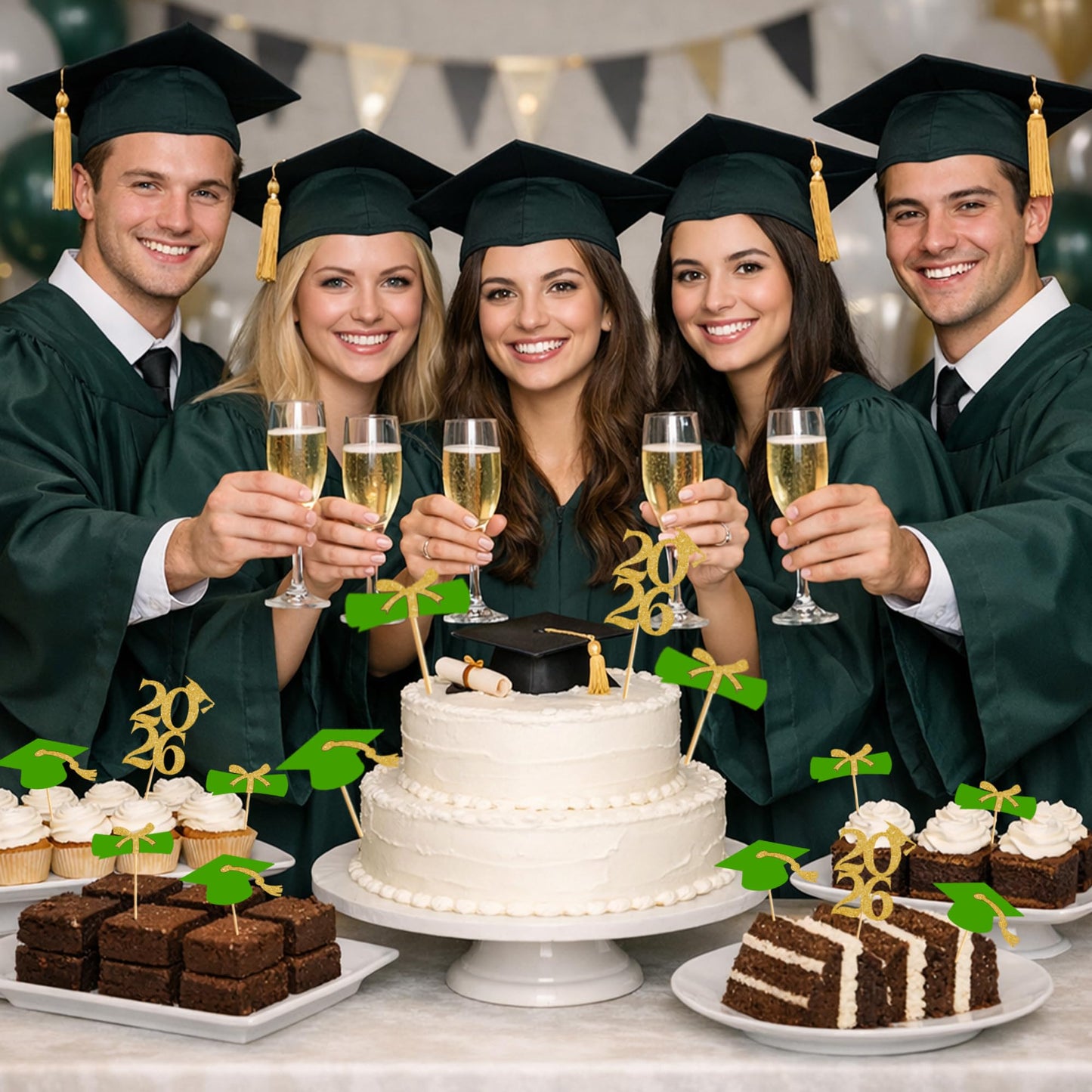 OHOME Graduation Decorations 2026-36 PCS Graduation Cupcake Toppers - 2026 Graduation Party Decorations - Mini Cake Decorations for Class of 2026,Diploma, 2026, Grad Cap Set (Green)
