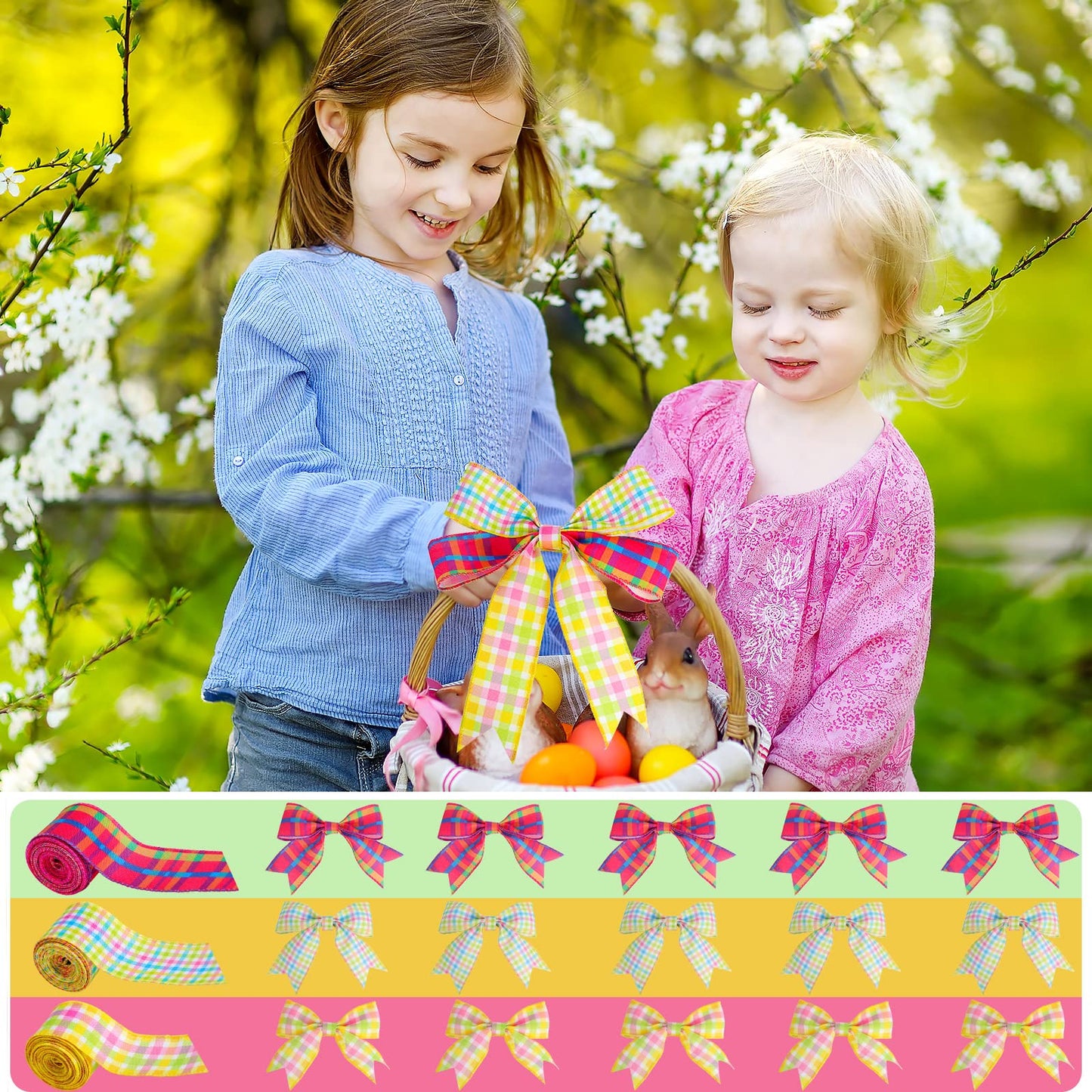 15 Yards Easter Plaid Ribbon 3 Roll 2 Inch Pastel Wired Ribbon Spring Gingham Fabric Ribbon for Gift Wrapping DIY Craft Birthday Wedding Baby Shower