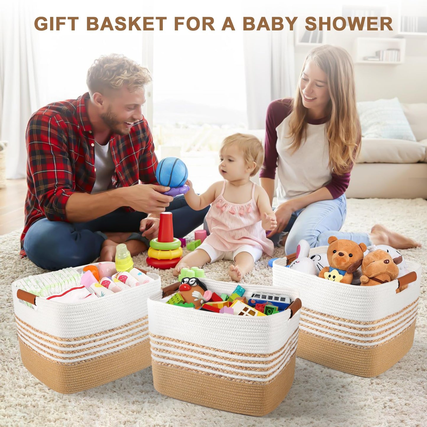 LWYMX Woven Baskets for Storage Gifting, 15.7"x11.8"x11.8" Cotton Rope Basket with Handles Gift Storage Basket for Organizing Bins, Nursery Toy Laundry Blanket Basket for Living Room Closet Shelves