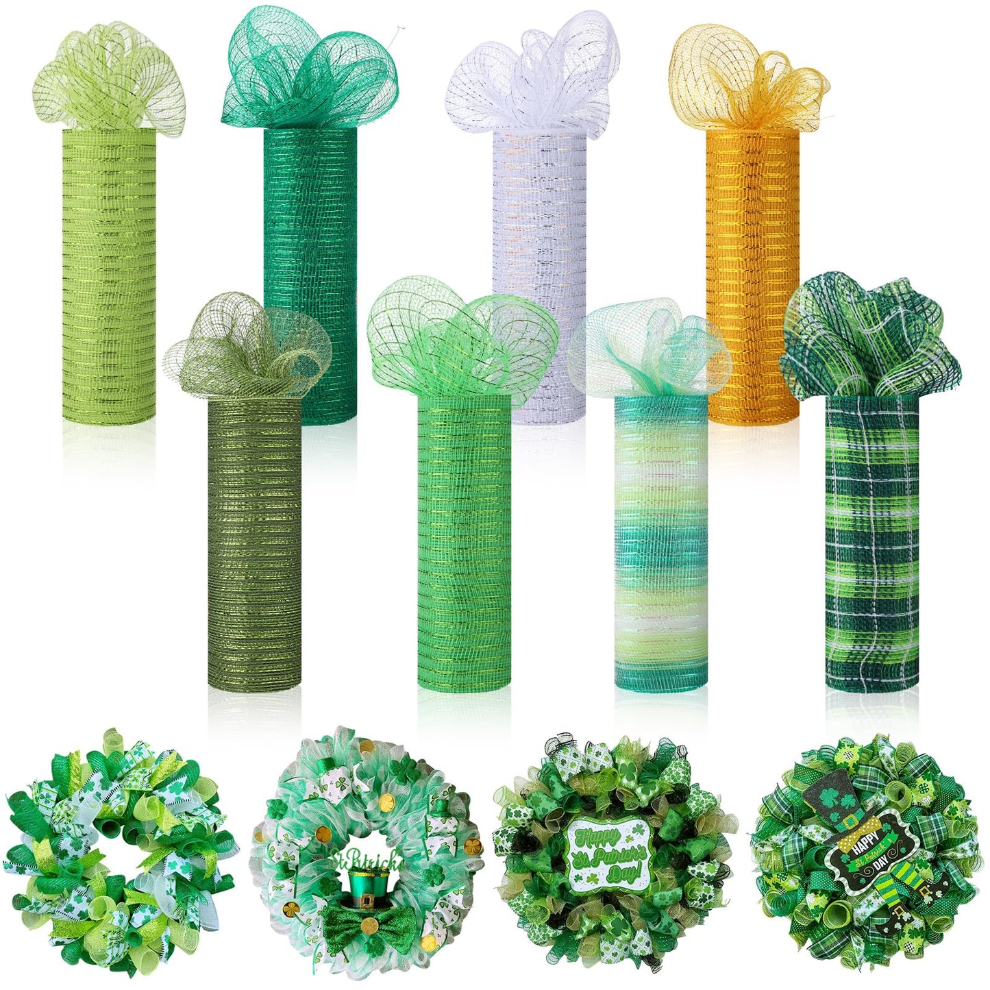 8 Rolls St. Patrick's Day Mesh Ribbon for Wreaths 10 Inch x 30 Feet Each Roll Decor Poly Metallic Foil Mesh Ribbon Decoration DIY Crafts Making Supplies for Spring Wedding