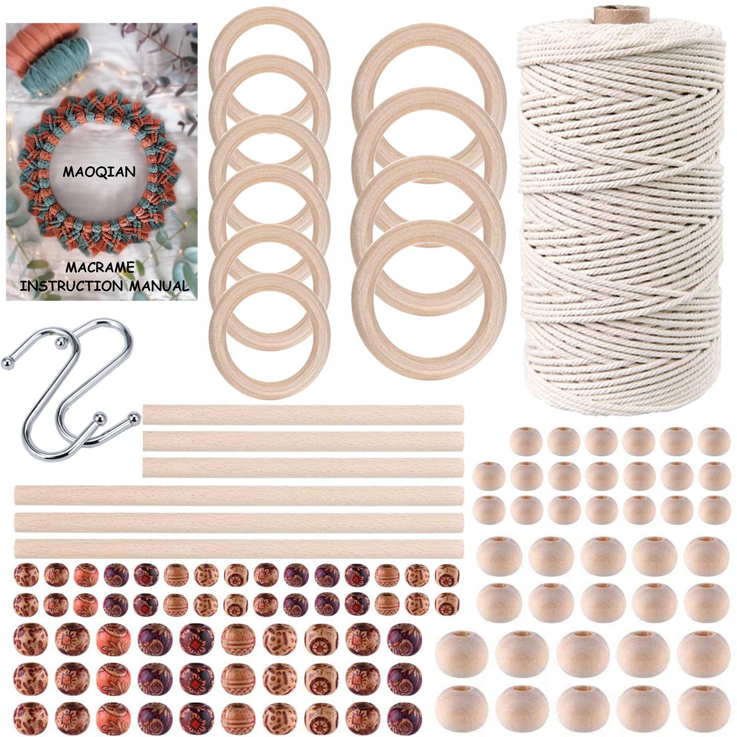 120pcs Macrame Kits for Beginners 3mm x 109yards Natural Cotton Macrame Cord with Wooden Beads & Rings,Wooden Sticks,Metal Rings Macrame Supplies Best for Macrame Plant Hanger