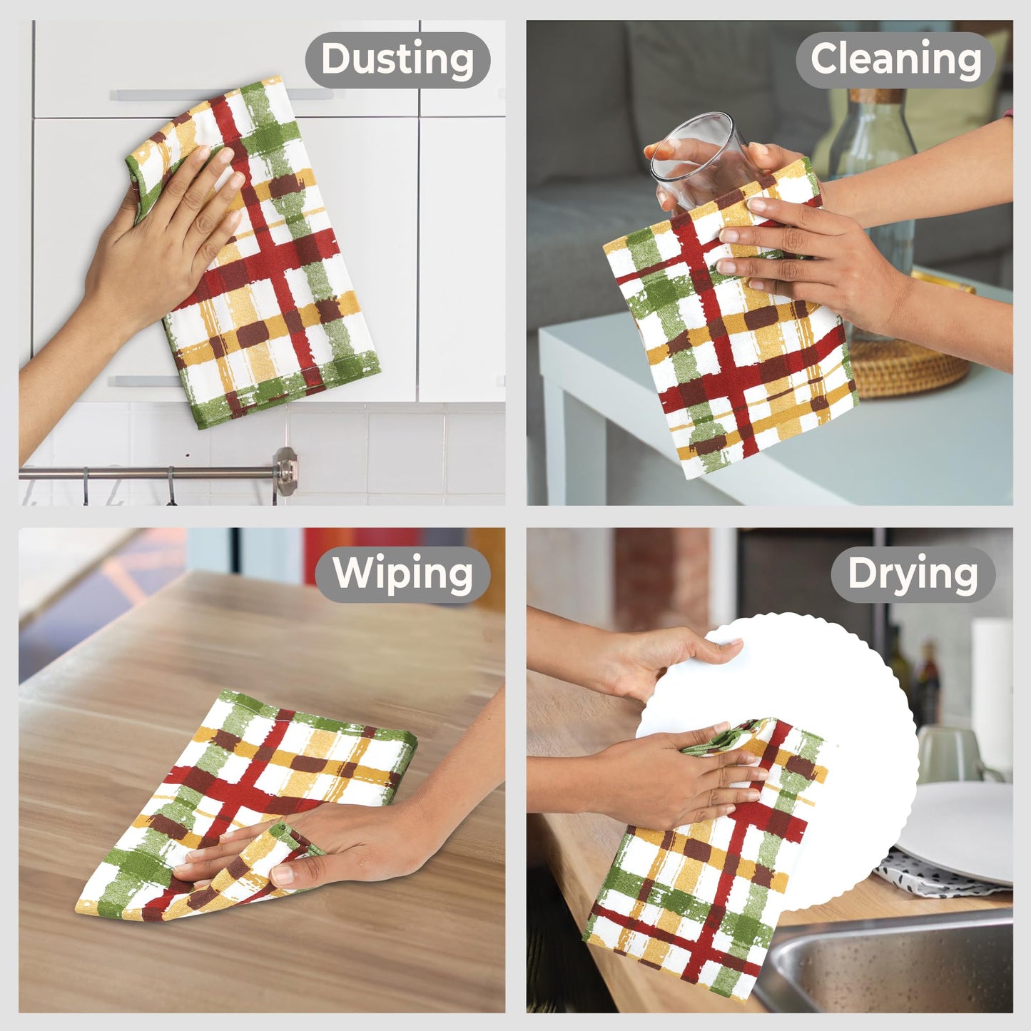 Urban Villa Fall Kitchen Towels Harvest Checks Print Dish Towels Set of 6 20"X30” 100% Cotton Highly Absorbent Quick Drying Dish Cloths & Dish Towels Thanks Giving Tea Towels with hanging loop Towels