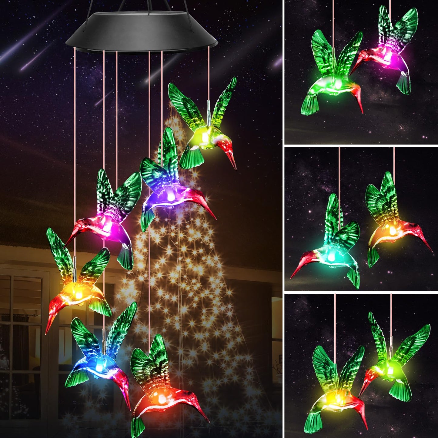 Winzwon Birthday Gifts for Women Mom Grandma, Solar Hummingbird Wind Chimes for Outside Solar Lights Outdoor Decor Hanging Mobile Garden Yard Patio
