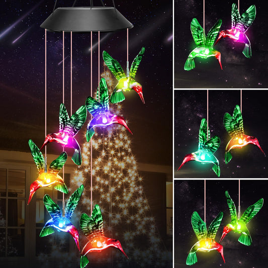 Winzwon Birthday Gifts for Women Mom Grandma, Solar Hummingbird Wind Chimes for Outside Solar Lights Outdoor Decor Hanging Mobile Garden Yard Patio