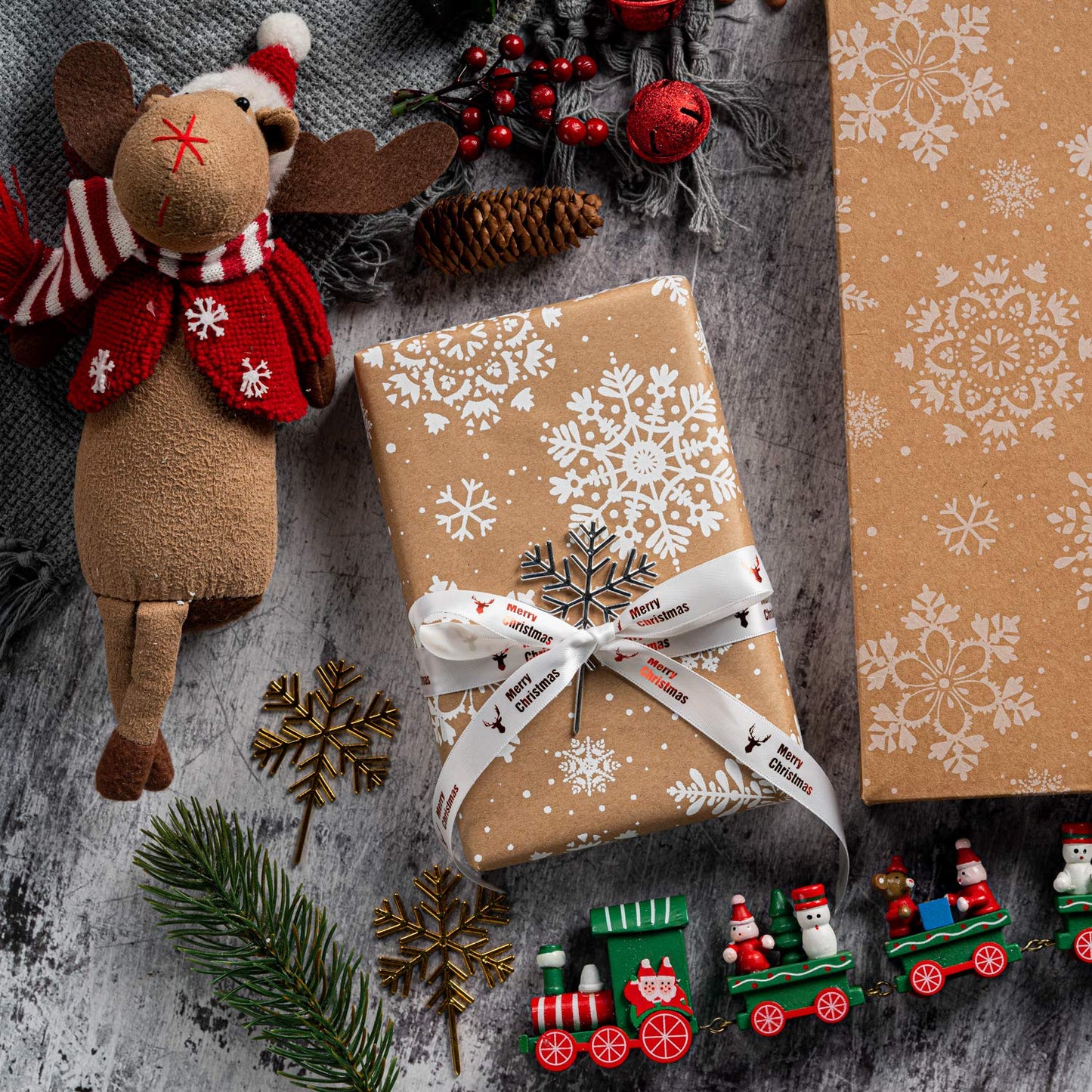 Wrapping Paper, Kraft Paper - Snowflakes, Car and Christmas Tree, Stripes and Merry Christmas - 4 Rolls - 30 inches x 10 feet per Roll