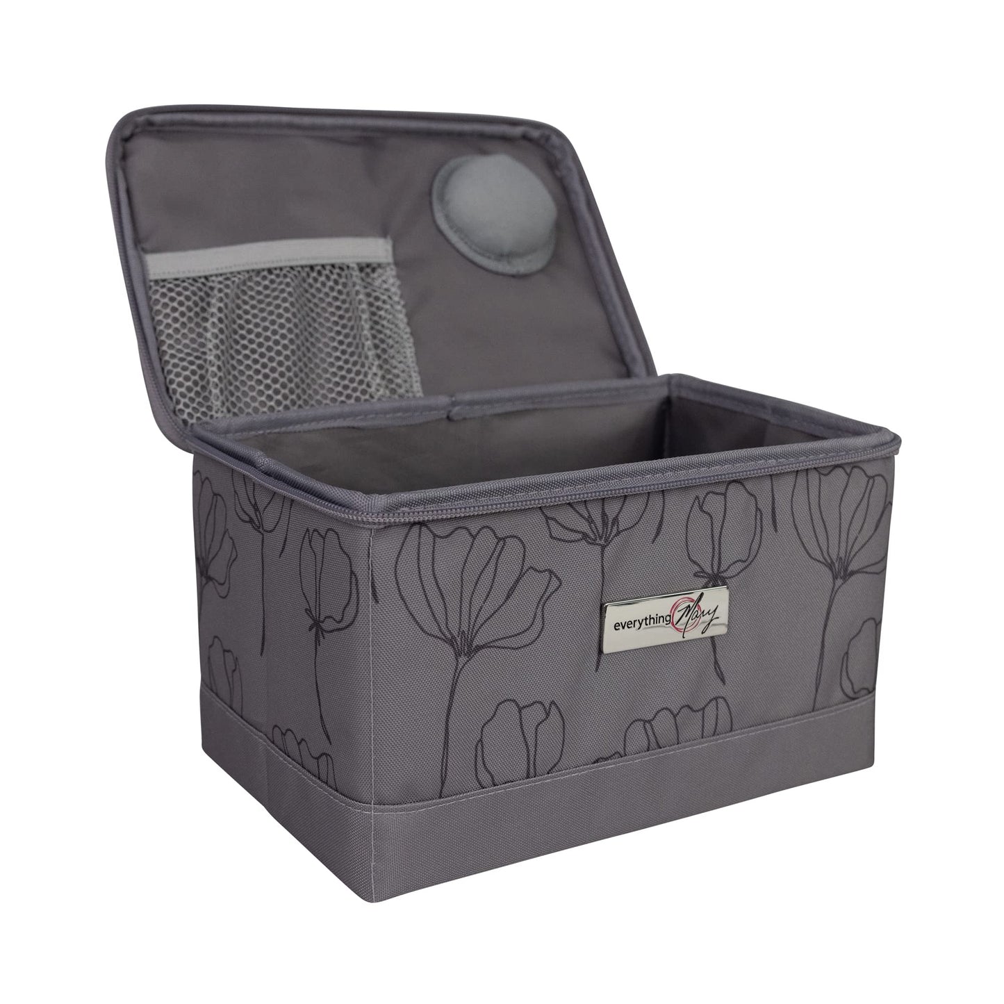 Everything Mary Collapsible Sewing Kit Organizer Box, Grey Floral - Supplies Storage Basket for Supplies and Accessories - Organization for Thread, Needles, Notions & Scissors