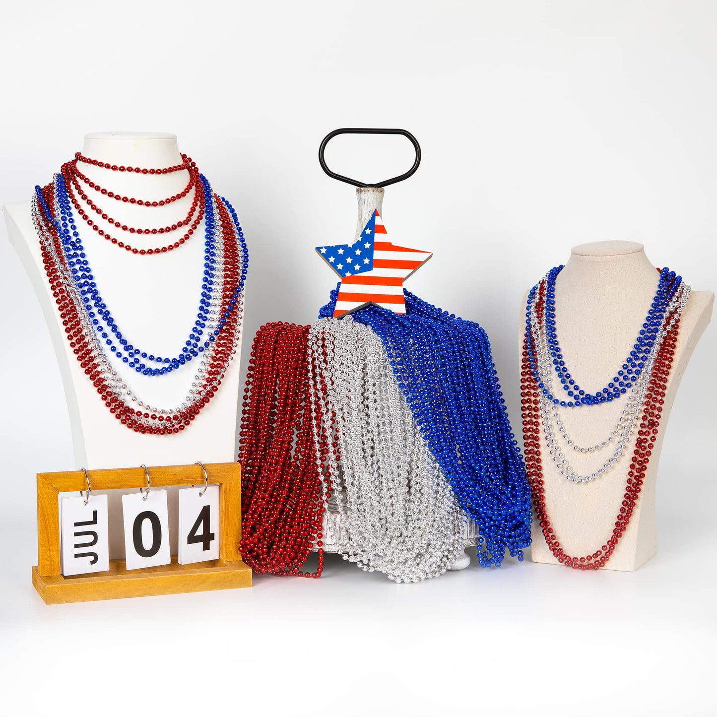 4th of July Party Favors, 12PCS Independence Day Beads Necklaces Bulk, Fourth of July Red Blue Silver Beads Necklace, Patriotic 4th of July Beads Bulk for Parade Party Celebration Favors Decorations