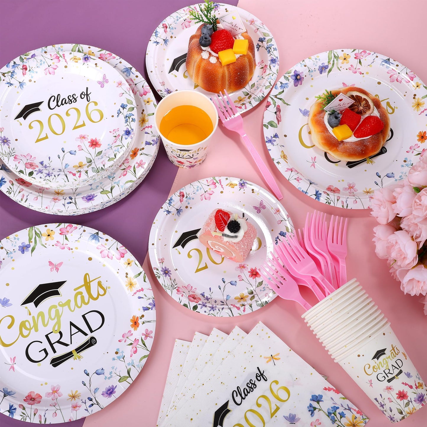 Kochorie 144 Pieces Class of 2026 Graduation Party Supplies, Congrats Grad Tableware Sets Including Disposable Paper Plates Napkins Cups Forks Serves 24 for Floral Graduation Party Decorations