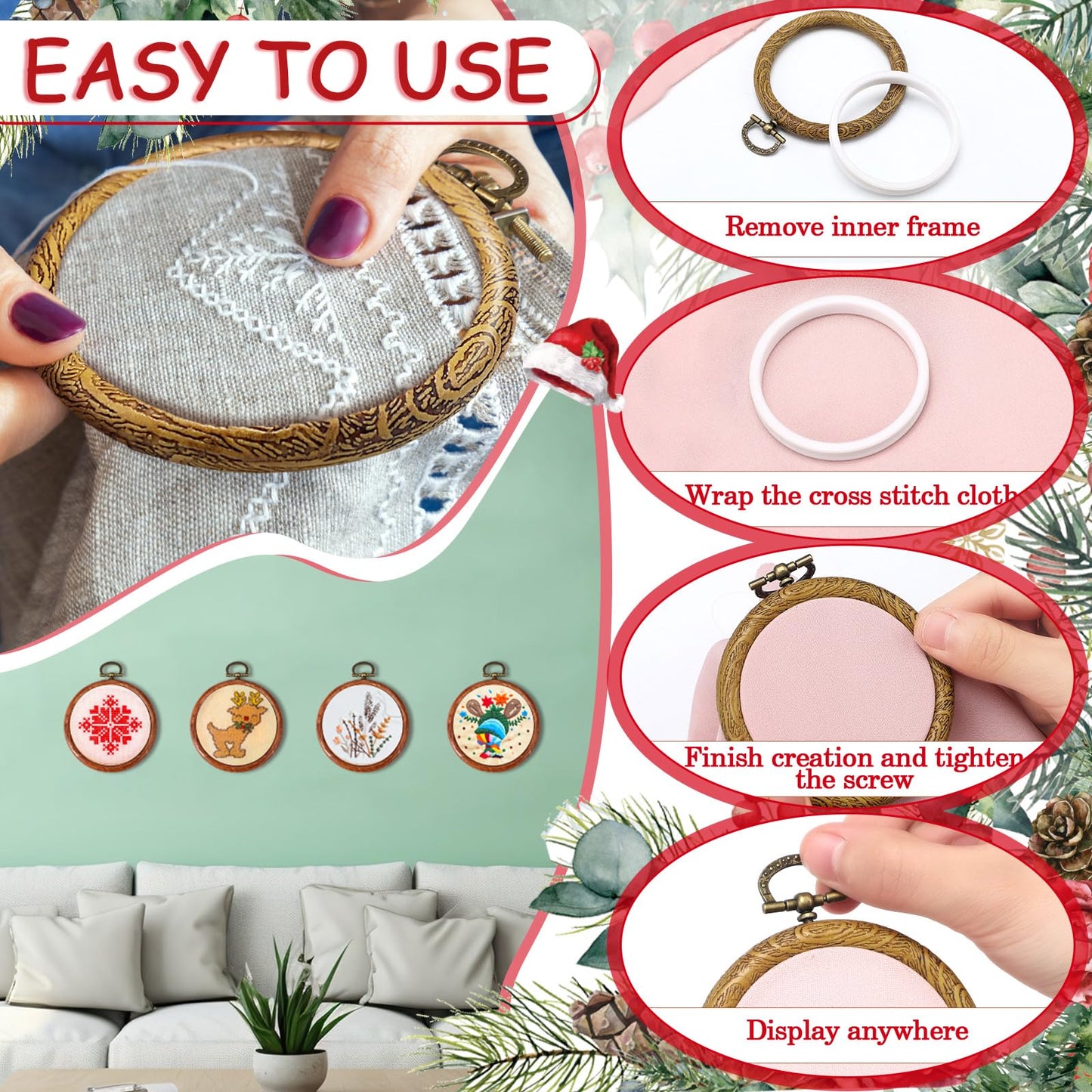 15 Pcs 2.4 Inch Fall Round Embroidery Hoops Frame Circle Rubber Hoops Ring Display Cross Stitch Ornament Imitated Wood Frame Kits for Christmas Halloween Craft Sewing DIY Hanging Gifts