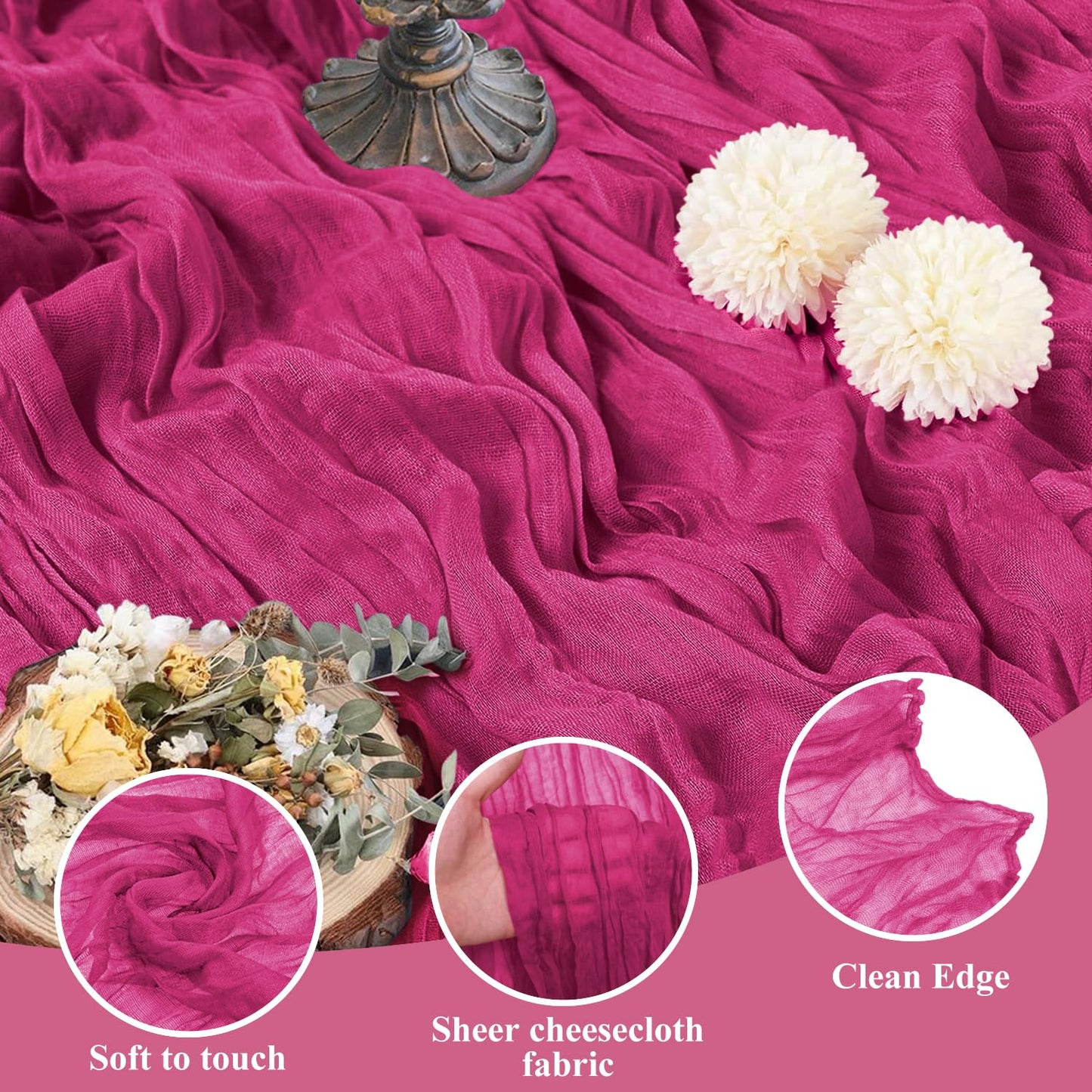 Cheesecloth Table Runner 120 Inches Long Fuchsia Boho Gauze Cheese Cloth Runner 10FT Rustic Sheer Fall Table Runners for Thanksgiving Wedding Party Baby Shower Decoration