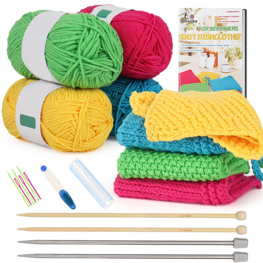 Knitting Kit for Beginners, Complete Beginner Knitting Kit Easy Knitting Set Including Knitting Needles Set Cotton Yarn, Learn to Knit Dishcloth with Step-by-Step Instructions, Colorful