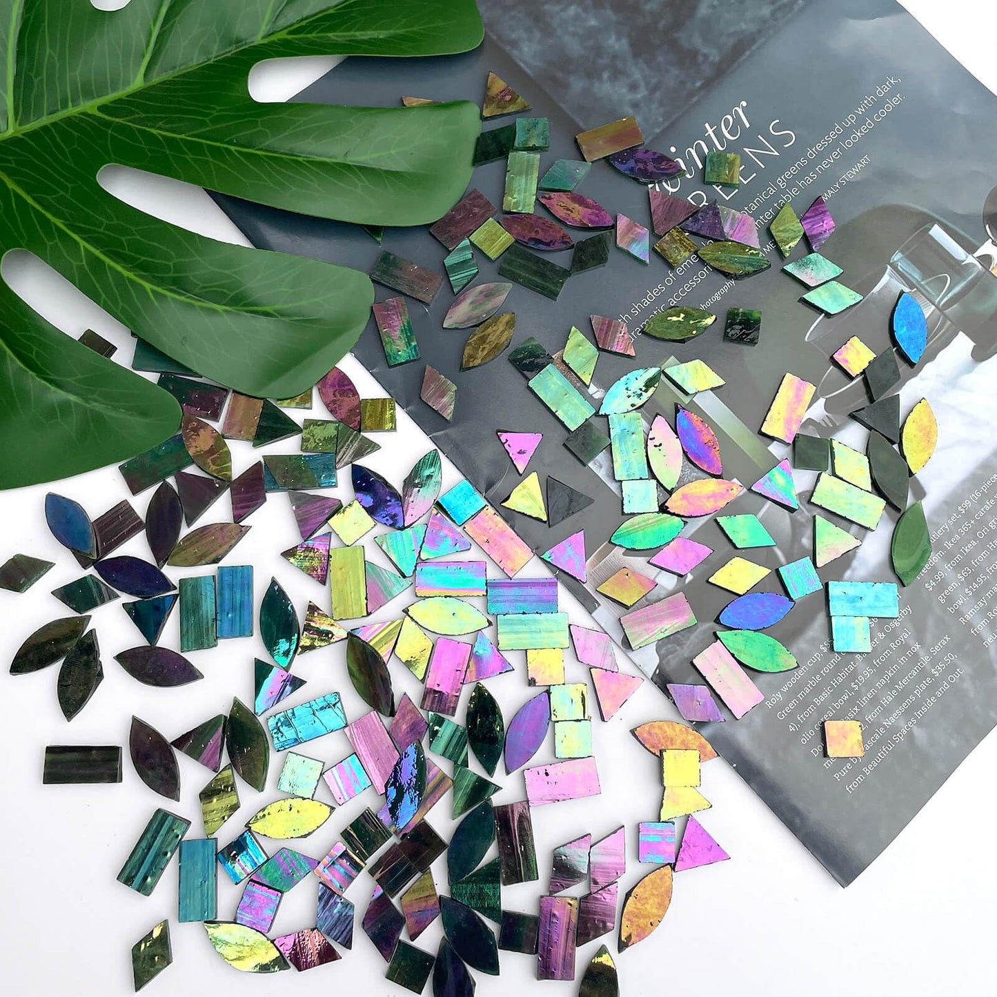 LITMIND Dark Green Iridescent Stained Glass Mosaic Tiles for Crafts - 240 Pieces, 5 Shapes Mixed (Rectangle, Triangle, Rhombus, Square, Leaf) - Ideal for Mosaic Making Projects