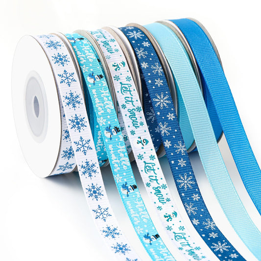 6 Rolls 60 Yards Winter Ribbons for Gift Wrapping, Holiday Xmas Grosgrain Ribbons 10mm Wide Blue White Snowflake Snowman Craft Ribbons for Christmas Tree Decoration Wreaths Bows Craft Supplies