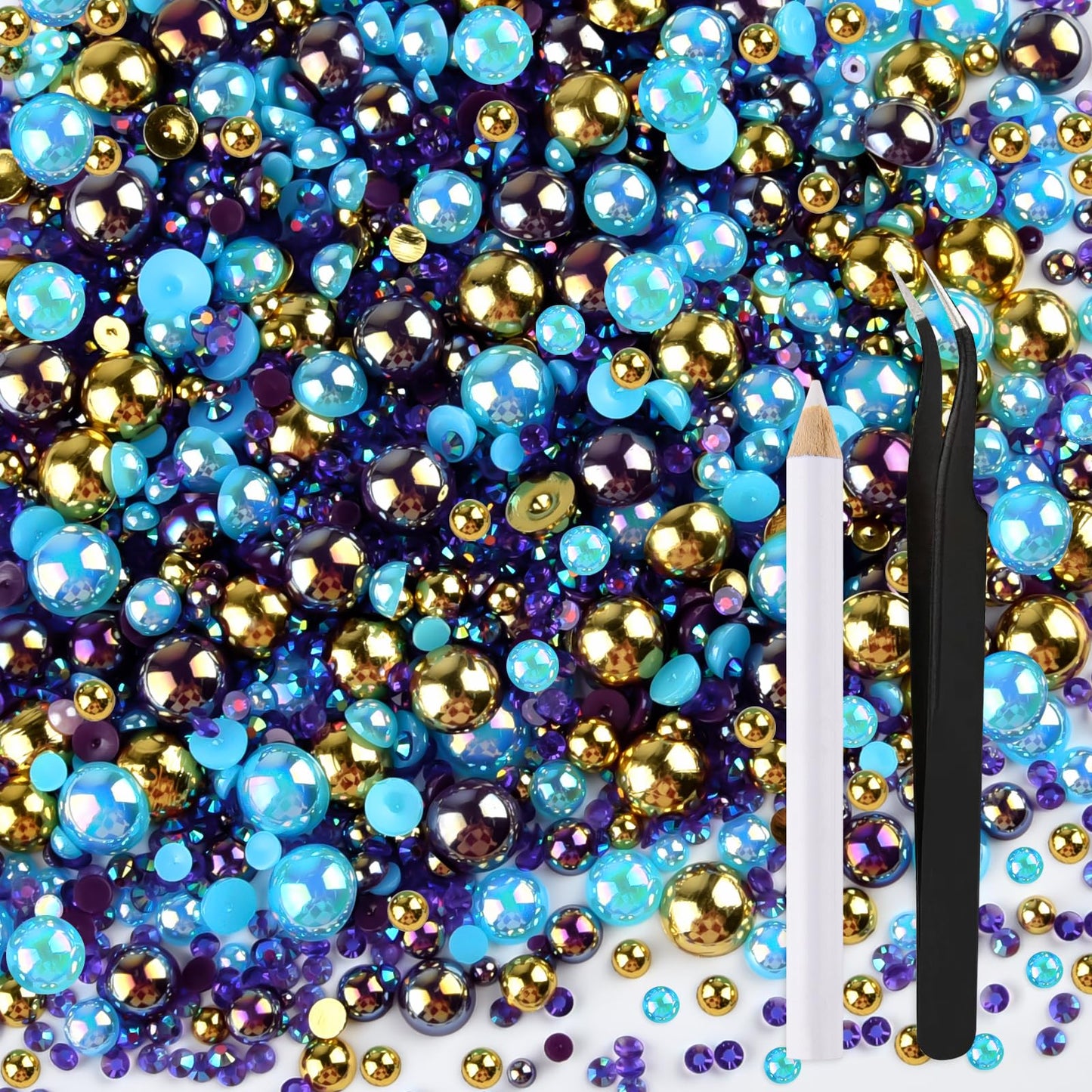 ASTARON 50g Mix Flatback Rhinestones Half Pearls for Crafts Mixed Size 3mm-10mm Flat Back Rhinestones for Crafts Flatback Pearls for Decorating Tumblers Mugs Nail Art Shoes (Blue Gold Series)