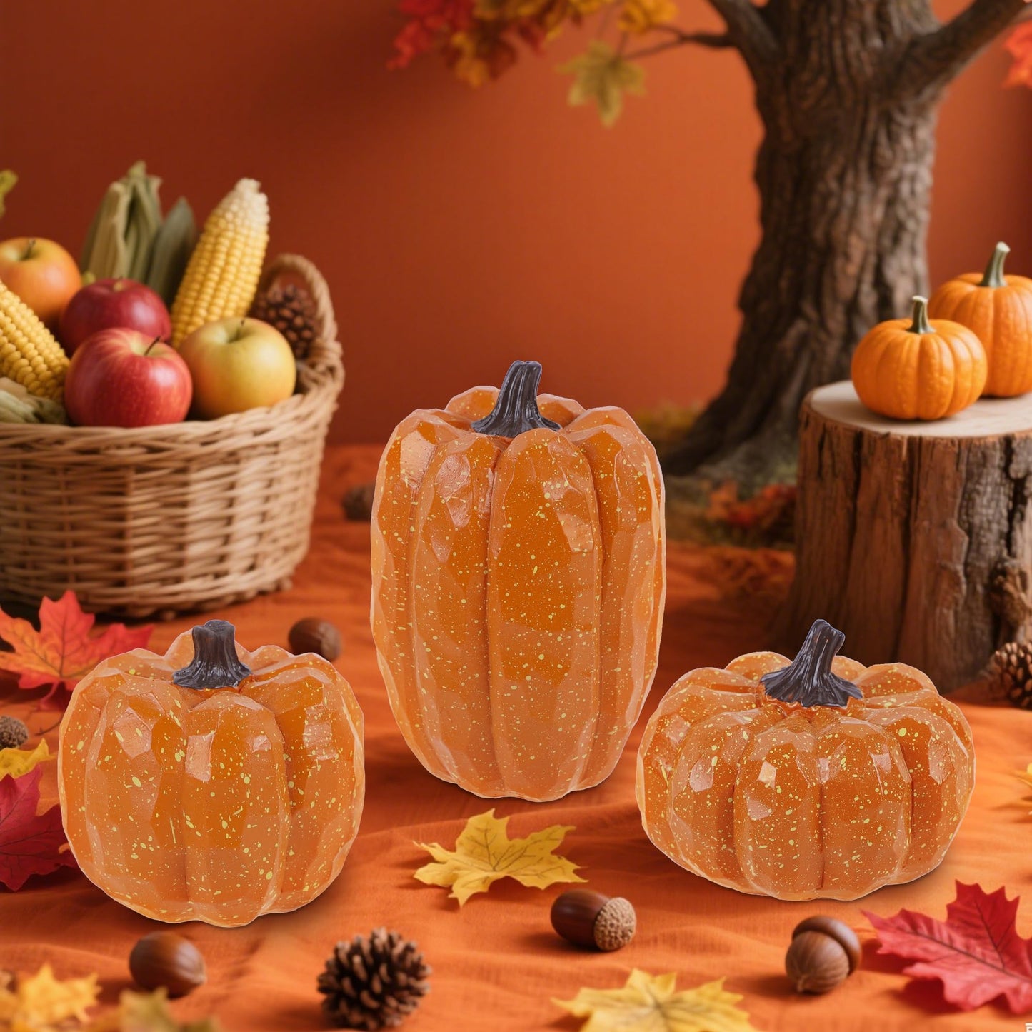 Pumpkins Fall Decor Set of 3 - Artificial Resin Thanksgiving Table Centerpiece for Home Mantel Porch Office & Farmhouse, Decorative Elegant Pumpkin Autumn Harvest Decorations (Orange)