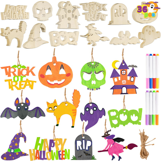 36 Pcs Halloween Craft Wooden Painting Kit, Halloween Party Supplies, Party Favors for Kids, Wood Blank Cutouts Ornaments, Gift Tags Decor for School Art DIY Activities Goodies Games(Age 8+)