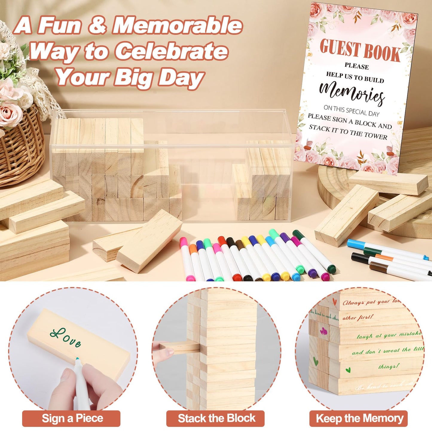 80 Pcs Wedding Guest Book Alternative Wooden Block Guest Book for Wedding Sign in Bridal Shower Decoration Wooden Block Bridal Shower Game for Sign in, Reception(Floral)