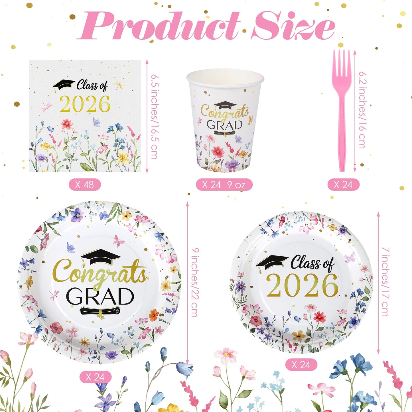 Kochorie 144 Pieces Class of 2026 Graduation Party Supplies, Congrats Grad Tableware Sets Including Disposable Paper Plates Napkins Cups Forks Serves 24 for Floral Graduation Party Decorations