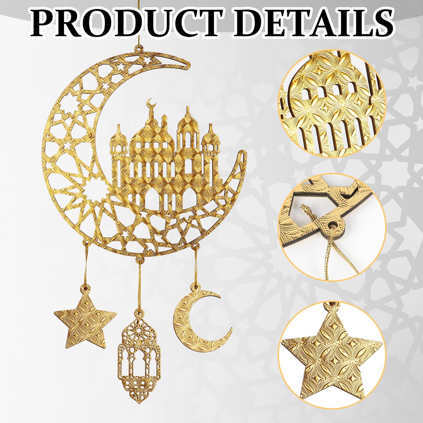2 Pieces Eid Mubarak Door Sign Wooden Hanging Signs, Ramadan Kareem Hollow Ornament Decorations Moon and Stars, Moon Shape Ramadan Mubarak Party Wood Wall Hanger for Islamic Muslim Home Decor