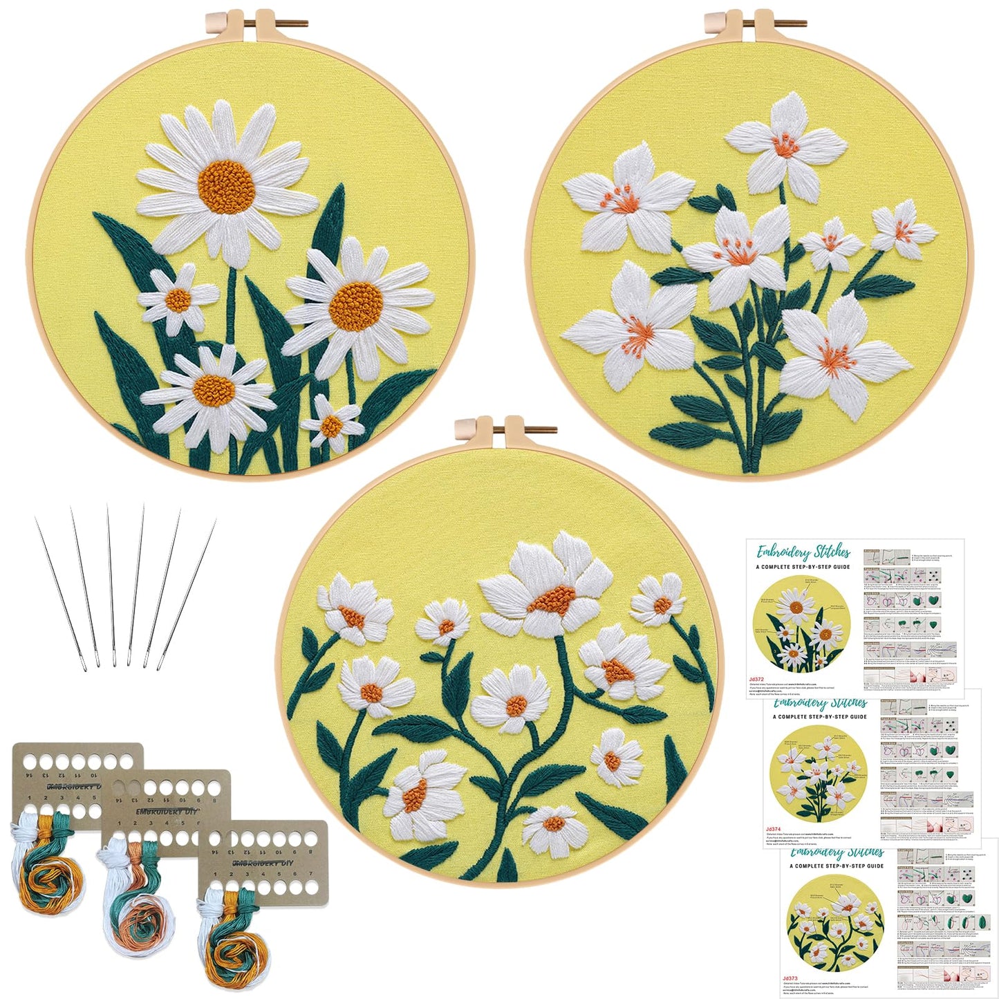 3 Sets Flowers Embroidery Kits for Beginners,Cross Stitch Kit for Adults,DIY Needlepoint for Starters Including Florals Pattern, Hoop,Instruction and Threads