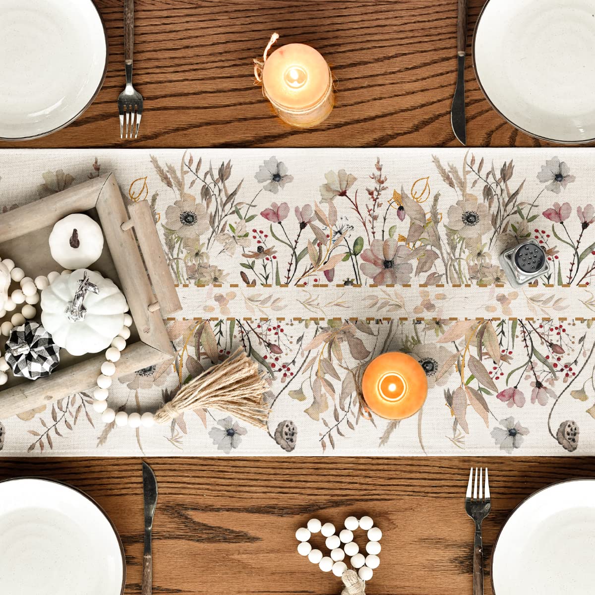 Wildflower Leaves Floral Fall Table Runner, Autumn Thanksgiving Kitchen Dining Table Decoration for Indoor Outdoor Home Party 13x72 Inch