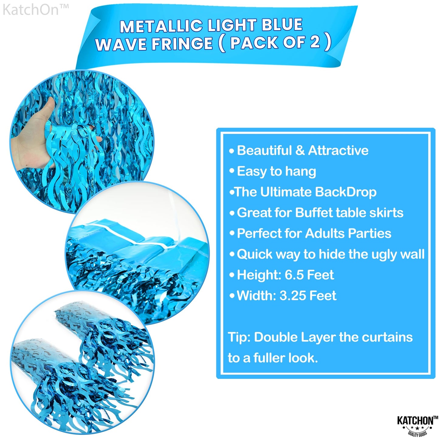 KatchOn, XtraLarge, Wavy Blue Foil Fringe Curtain - 3.2x6.5 Feet, Pack of 2 | Blue Water Beach Backdrop for Beach Party Decorations | Under The Sea Party Decorations | Summer Pool Party Decorations