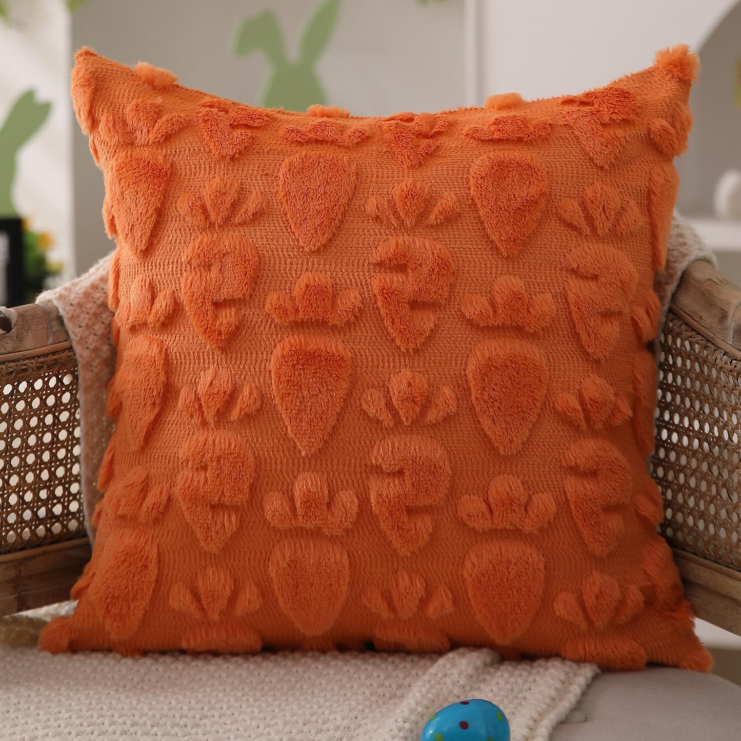 Easter Pillow Covers 18x18 inch Set of 2 Easter Decoration Orange Carrot Soft Plush Faux Fur Jacquard Throw Pillows for Bedroom Sofa Holiday Festivals Home Decor FHJ-08A18