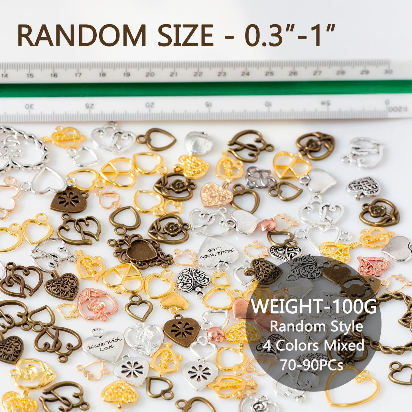 100 Gram Metal Heart Charms for Jewelry Making, Silver & Gold, Bulk Pack Heart Pendant for Bracelets, Necklaces, Crafts (Heart Mixed Color)
