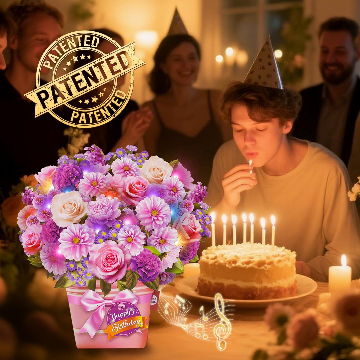 APOTODITO Birthday Cards, Birthday Card with Music and Light, Flower Bouquet 3D Card for Mom, Women, Wife (Birthday Purple Flower)