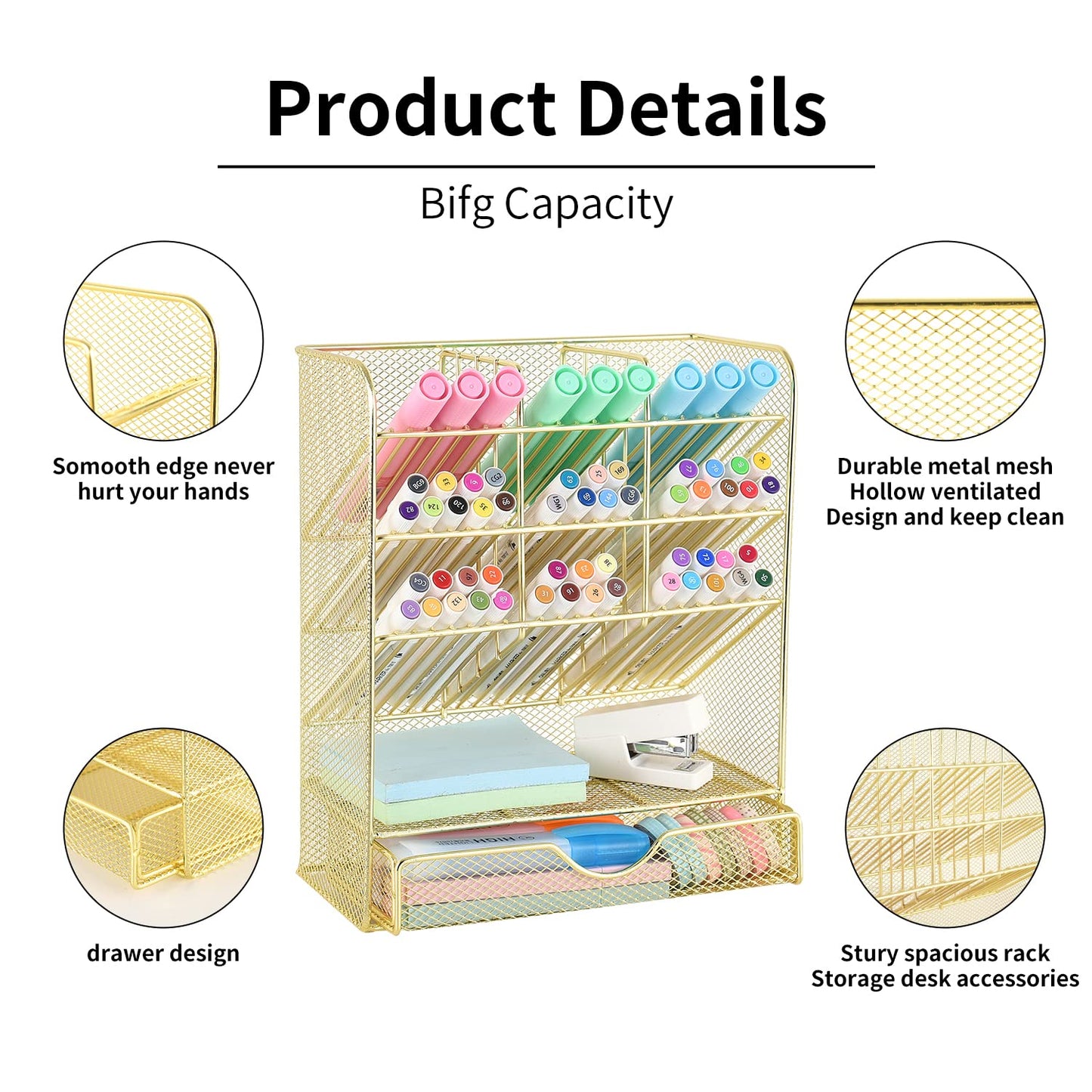 Spacrea Mesh Pen Organizer - Pencil Holder for Desk, Desk Organizer with Drawer for School, Home, Art Supplies (Gold)